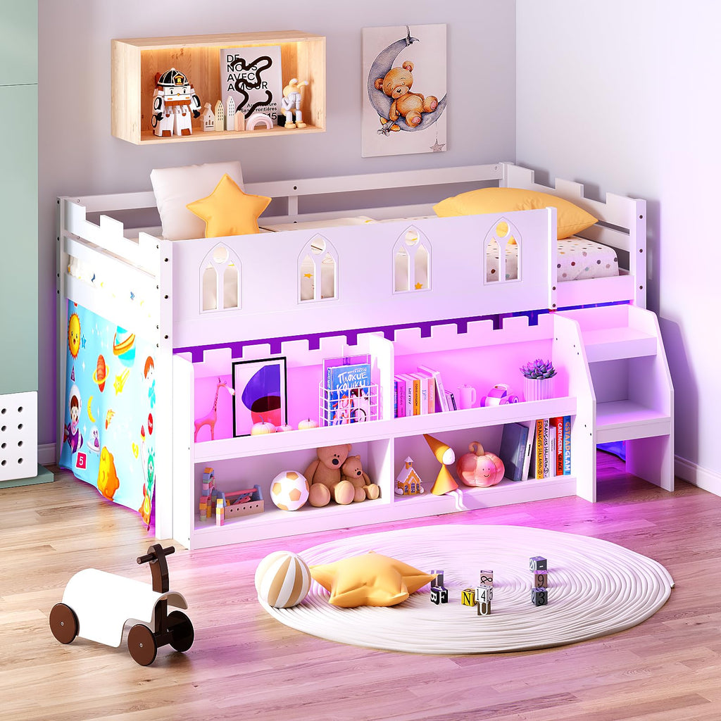 JOYMOR Low Loft Bed Twin Size with LED Lights, 4 Storage Shelves, Removable Curtain, Kids Wood Loft Bed with 15" H Safety Guardrail, Spave Saving, Mattress Not Included (Gray)