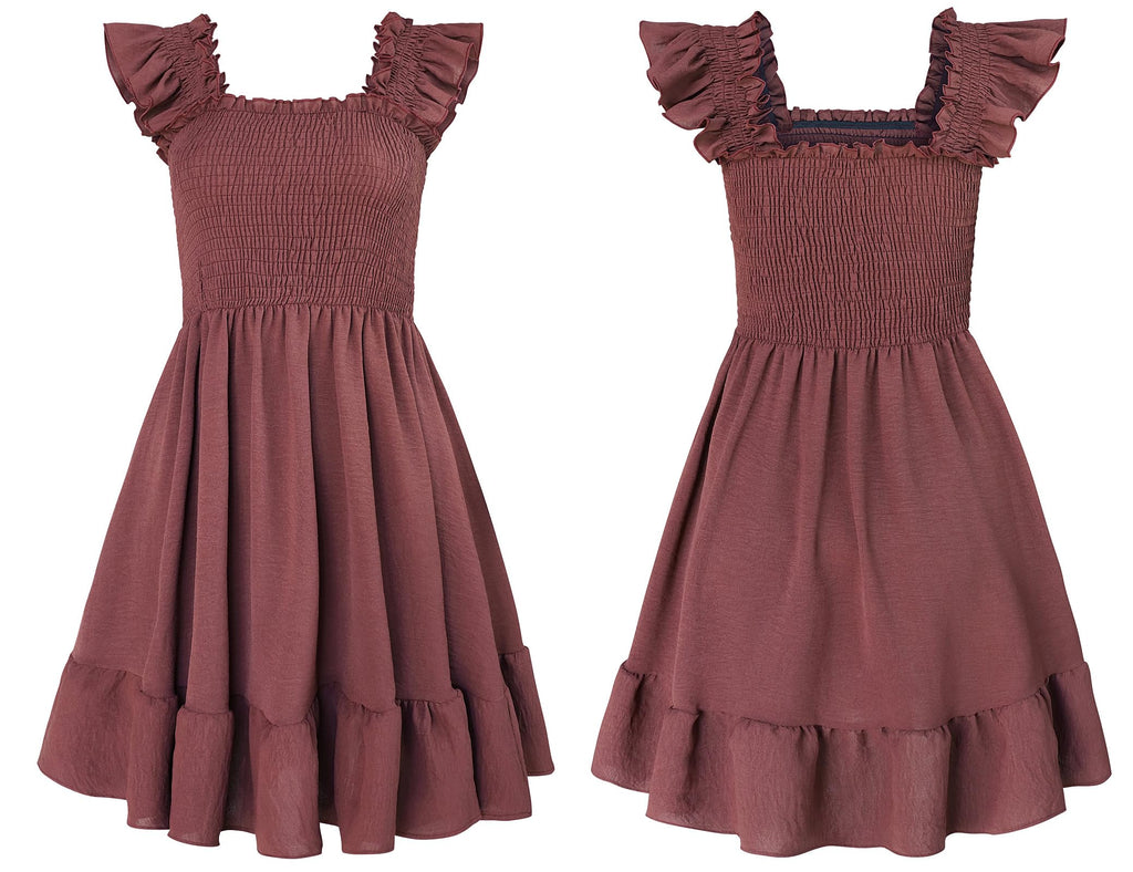 ROYLAMP Women's Smocked Dresses Square Neck Elegant Tiered Boho Ruffle Shoulder Swing Flowy Summer Casual Mini Dress