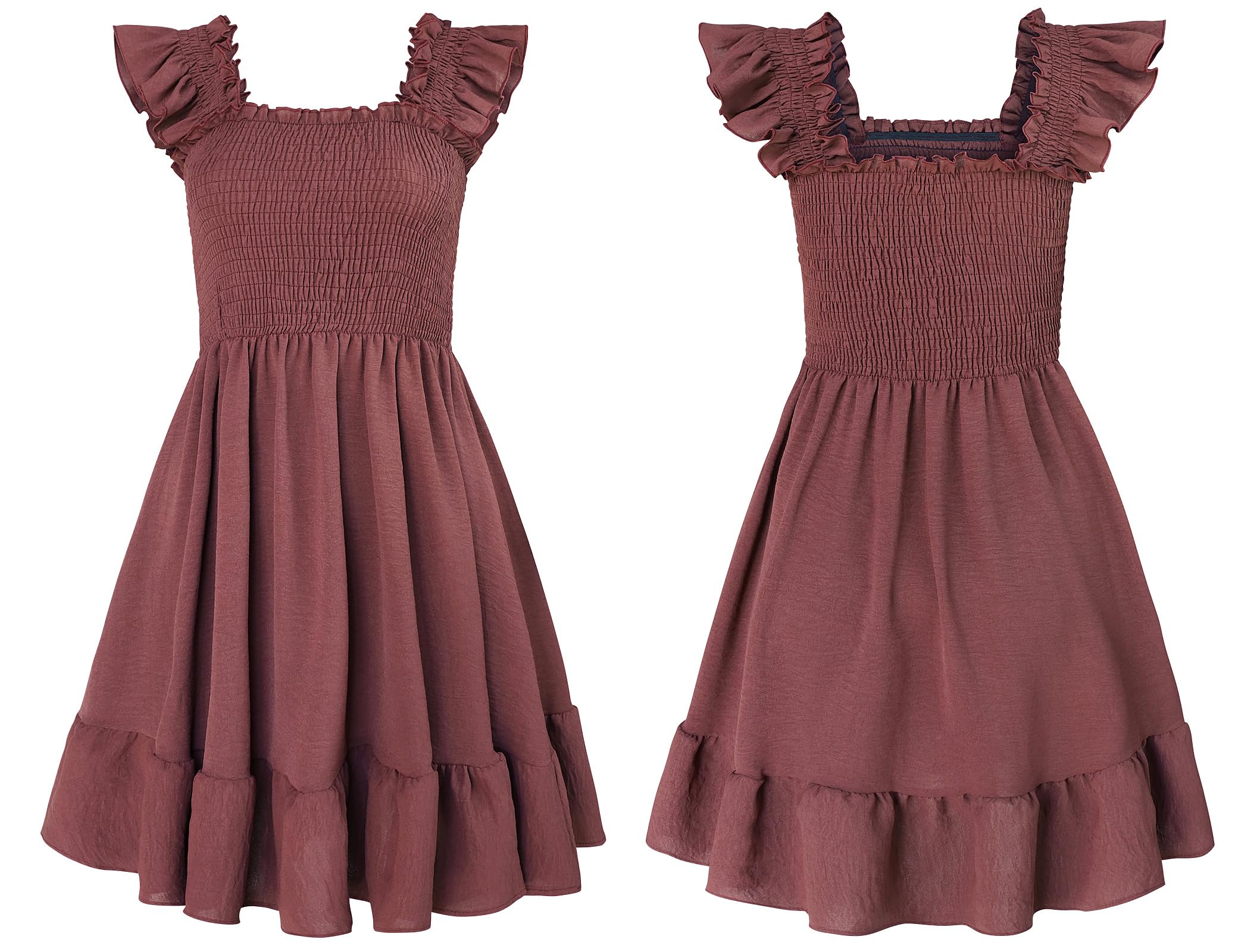 ROYLAMP Women's Smocked Dresses Square Neck Elegant Tiered Boho Ruffle Shoulder Swing Flowy Summer Casual Mini Dress
