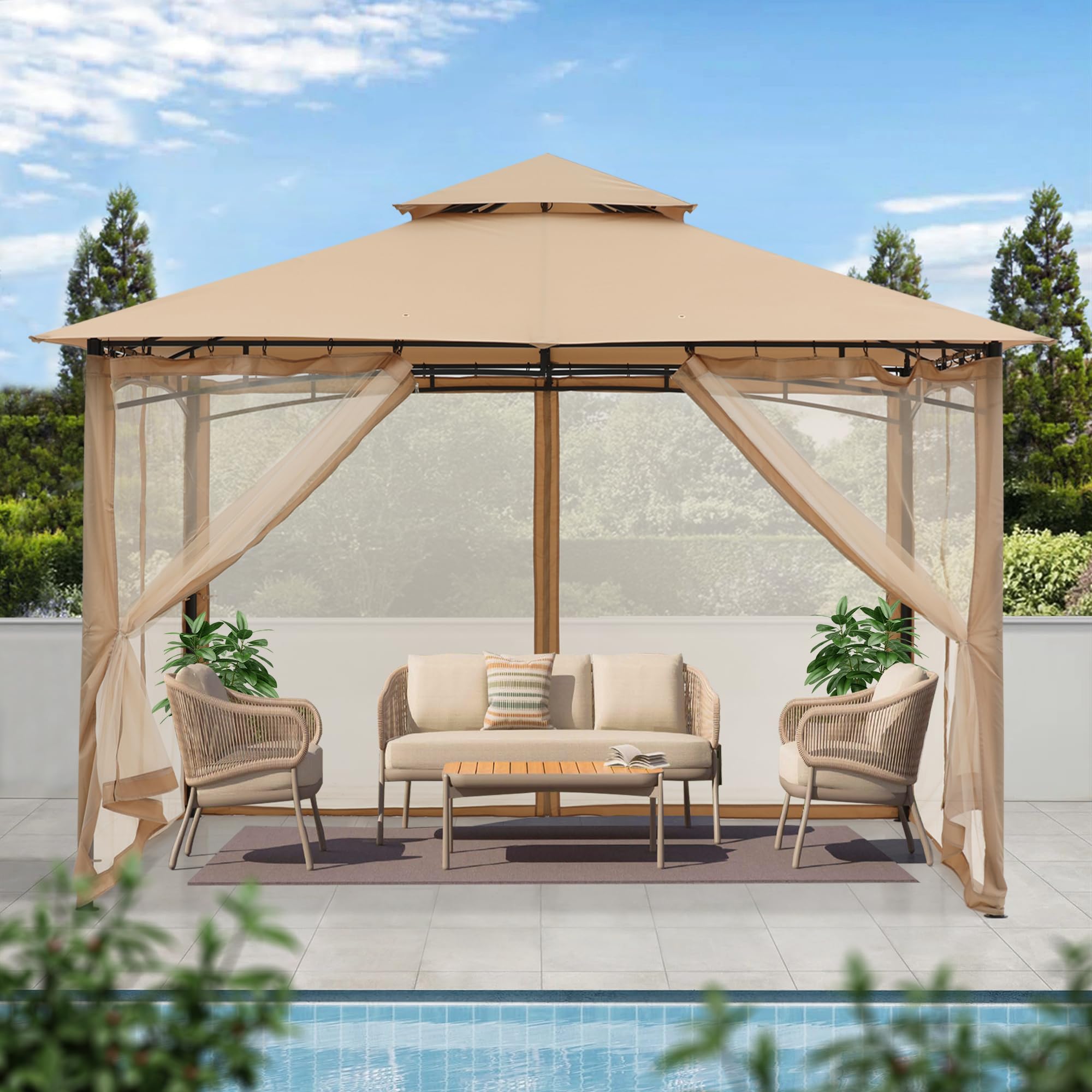 MASTERCANOPY Outdoor Garden Gazebo for Patios with Stable Steel Frame and Netting Walls (9x9,Beige)