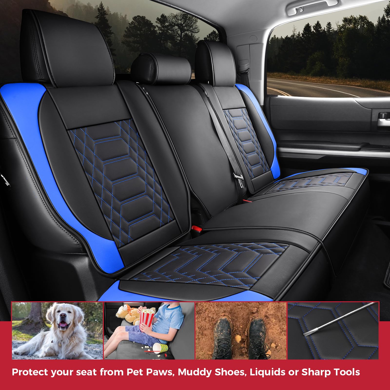 FREESOO Tundra Seat Covers 2007-2013, Fit for Toyota Tundra Crewmax Cab 5 Seats, Custom Truck Seat Covers with Waterproof Faux Leather Black