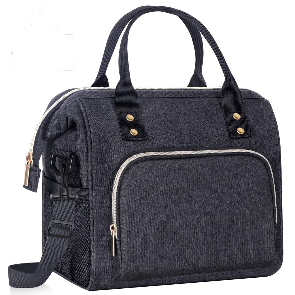 IDEATECH Insulated Lunch Box for Women & Men, Stylish Ladies Lunch Bag for Work, Leak Proof Portable Cooler Bag for Picnic, Black Lunch Tote Bags with Adjustable Shoulder Strap, Gifts for Mom (Black)
