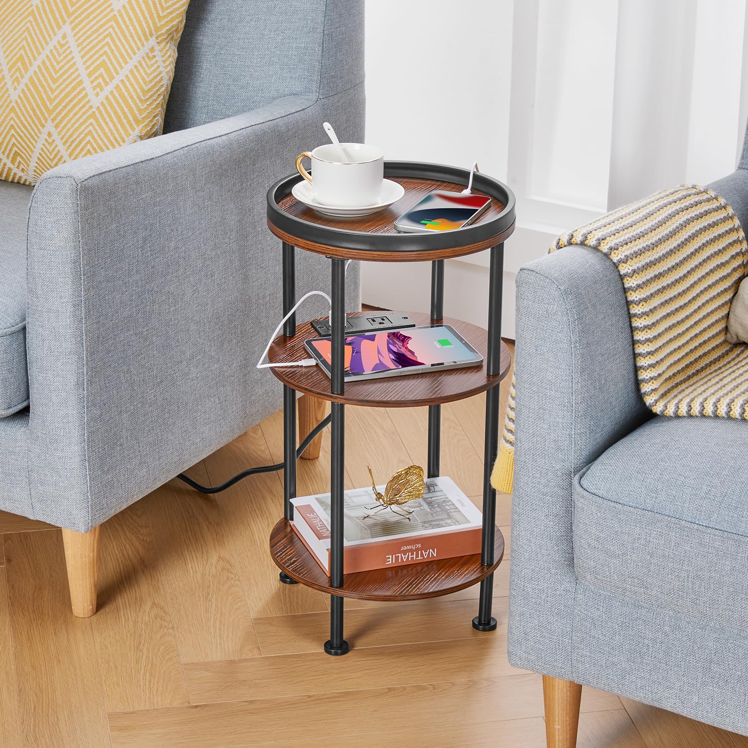 Small Round Side Table with Charging Station for Small Spaces, 3-Tier Accent Table with USB Ports & Power Outlets, Sofa Corner Tea Table for Living Room Nightstand Bedroom Apartment (Black)