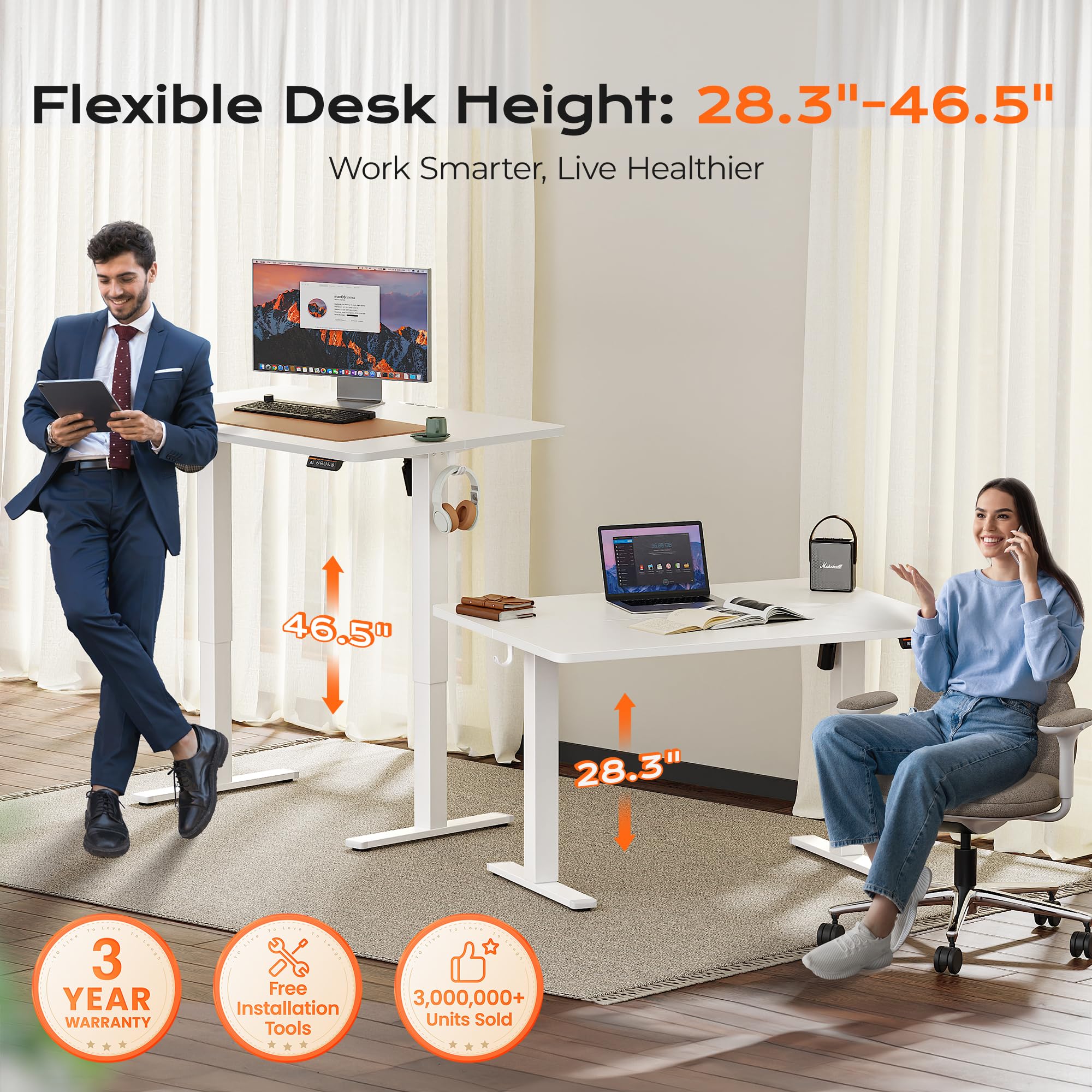 Huuger 48 x 28 Large Electric Standing Desk, Height Adjustable Desk, 27.6" Deep Desktop, Stand up Gaming, 2 Hooks, 3 Preset Heights, for Home Office, Black