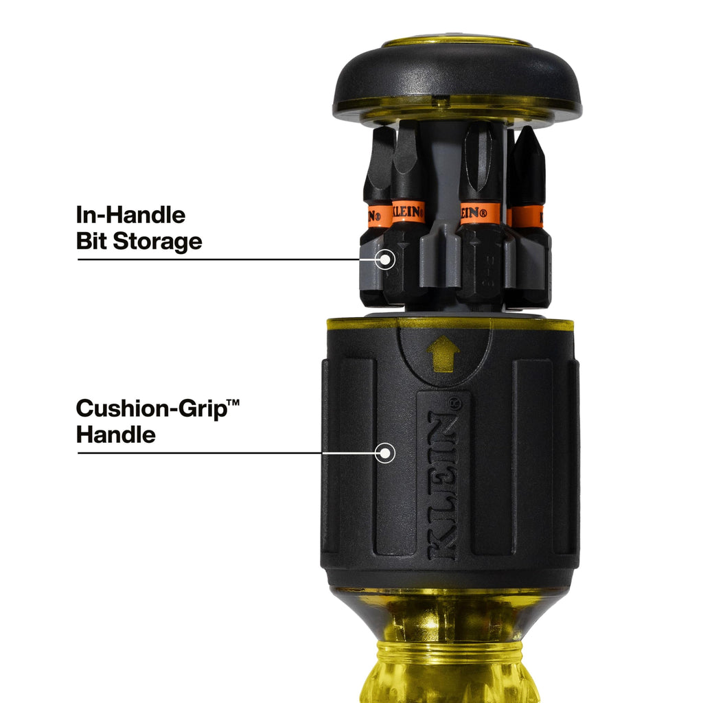 Klein Tools 32308 Multi-bit Stubby Screwdriver, Impact Rated 8-in-1 Adjustable Magnetic Tool with Phillips, Slotted, Square and Nut Driver