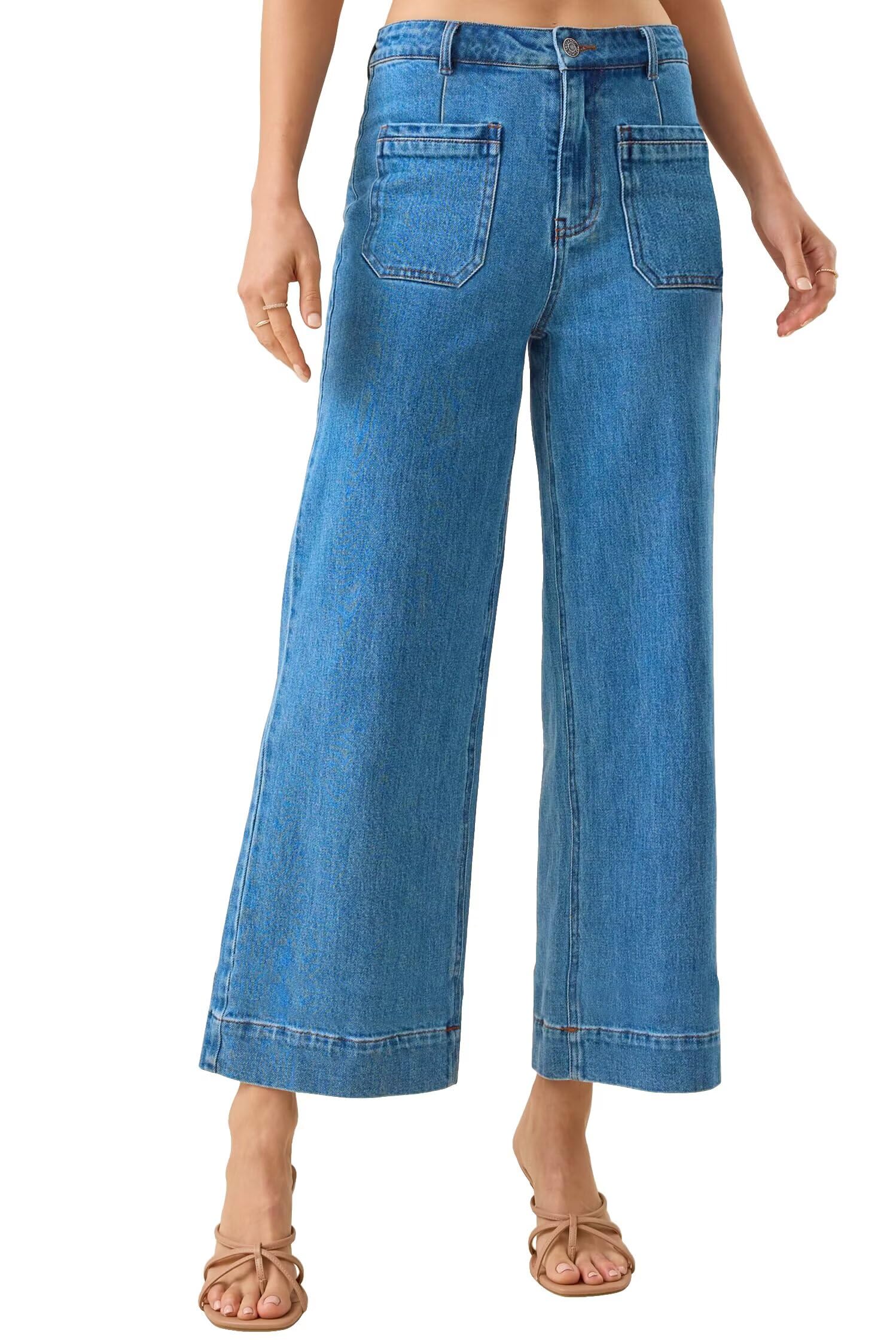 Allimy Women's High Waisted Cropped Wide Leg Jeans Stretchy Loose Denim Pants with Front Patch Pockets
