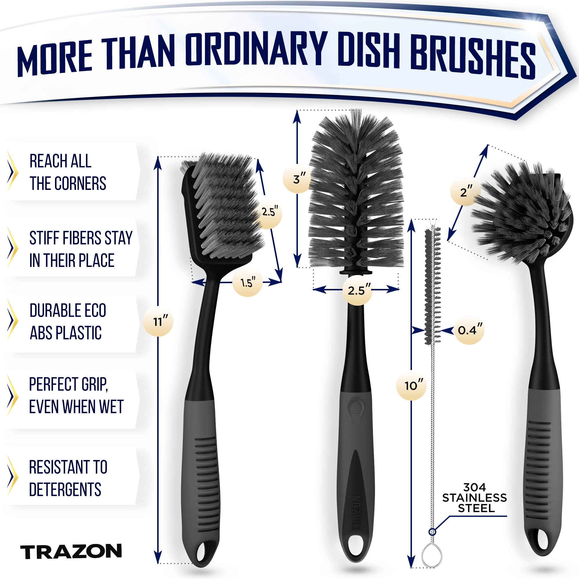 Dish Brush Set of 5 with Holder - Kitchen Scrub Brushes with Non-Slip Long Handle for Cleaning, Scrubber, Dishwashing, Dishes, Bottles, Straws, Cups, Pots & Sink, Baige