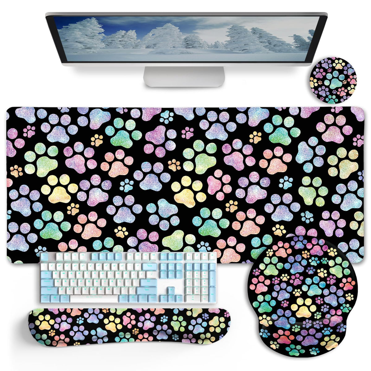 Black Striped Ergonomic Large Desk Mat Set with Wrist Rest