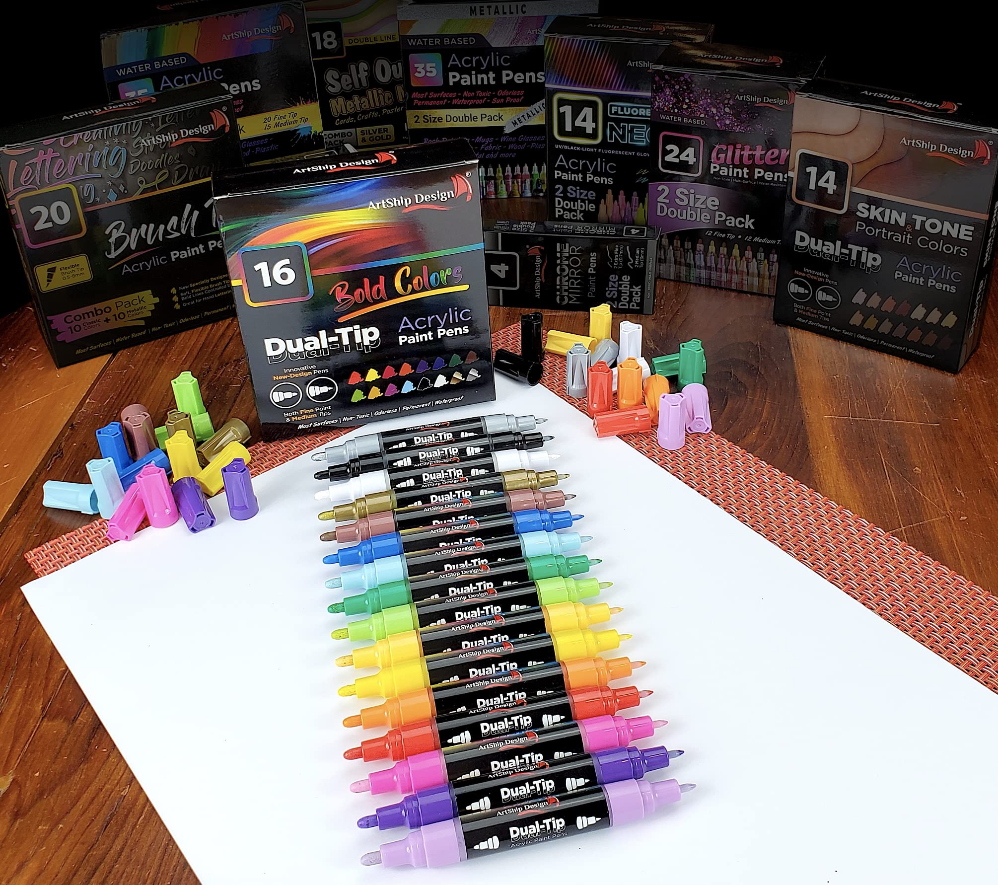ArtShip Design 10 Black Acrylic Paint Pens, Double Pack of Both Extra Fine and Medium Tip Paint Markers, for Rock Painting, Mug, Ceramic, Glass, and Fabric Painting, Water Based Non-Toxic and No Odor