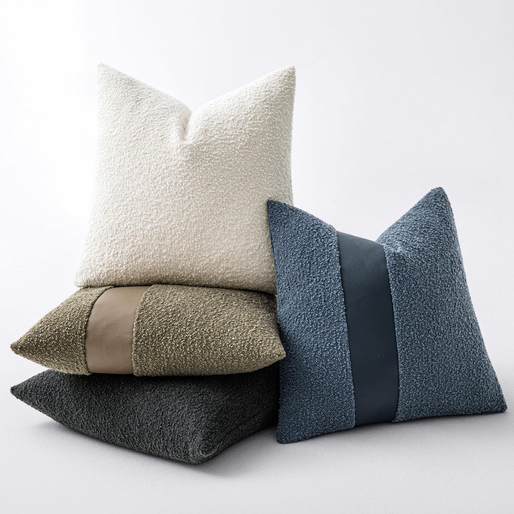 18"x18" Charcoal Black Boucle Throw Pillow Covers with Faux Leather Accents Set of 2 Fluffy Textured Decorative Pillow Cases for Couch Bed Boho Farmhouse Square Cushion Covers for Nordic Home