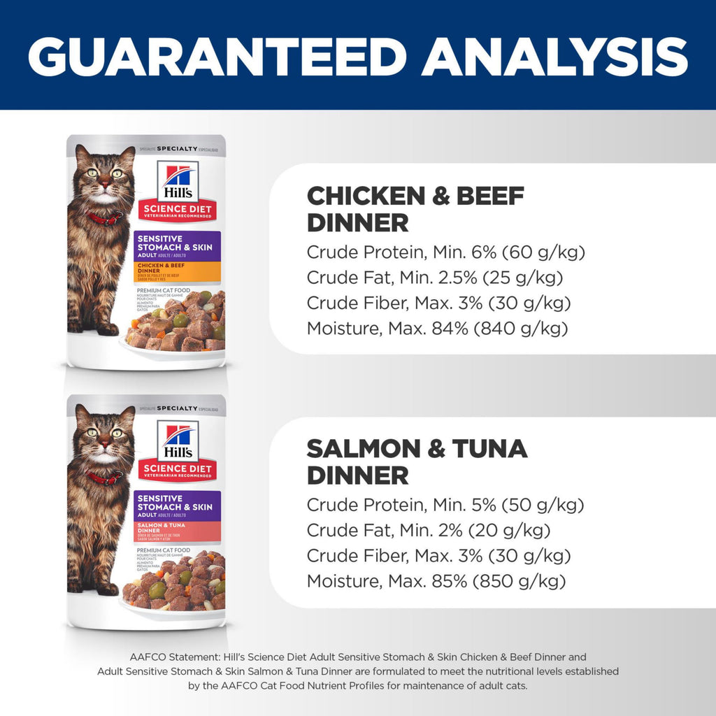 Hill's Science Diet Adult Sensitive Stomach & Skin Wet Cat Food, Chicken & Beef, 2.8 oz. Pouches, 24-Pack
