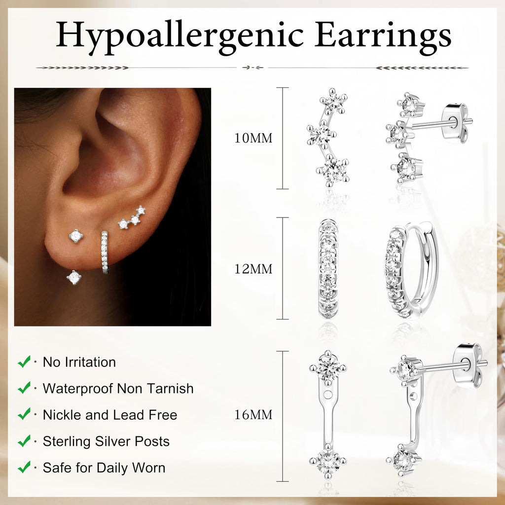 3 Pairs Dainty Small Earrings Set for Women Trendy, Birthstone Stud Huggie Hoop Jacket Stack for Cartilage Helix, Gold Plated Hypoallergenic Cute Women Fashion Accessories Western Jewelry Gifts