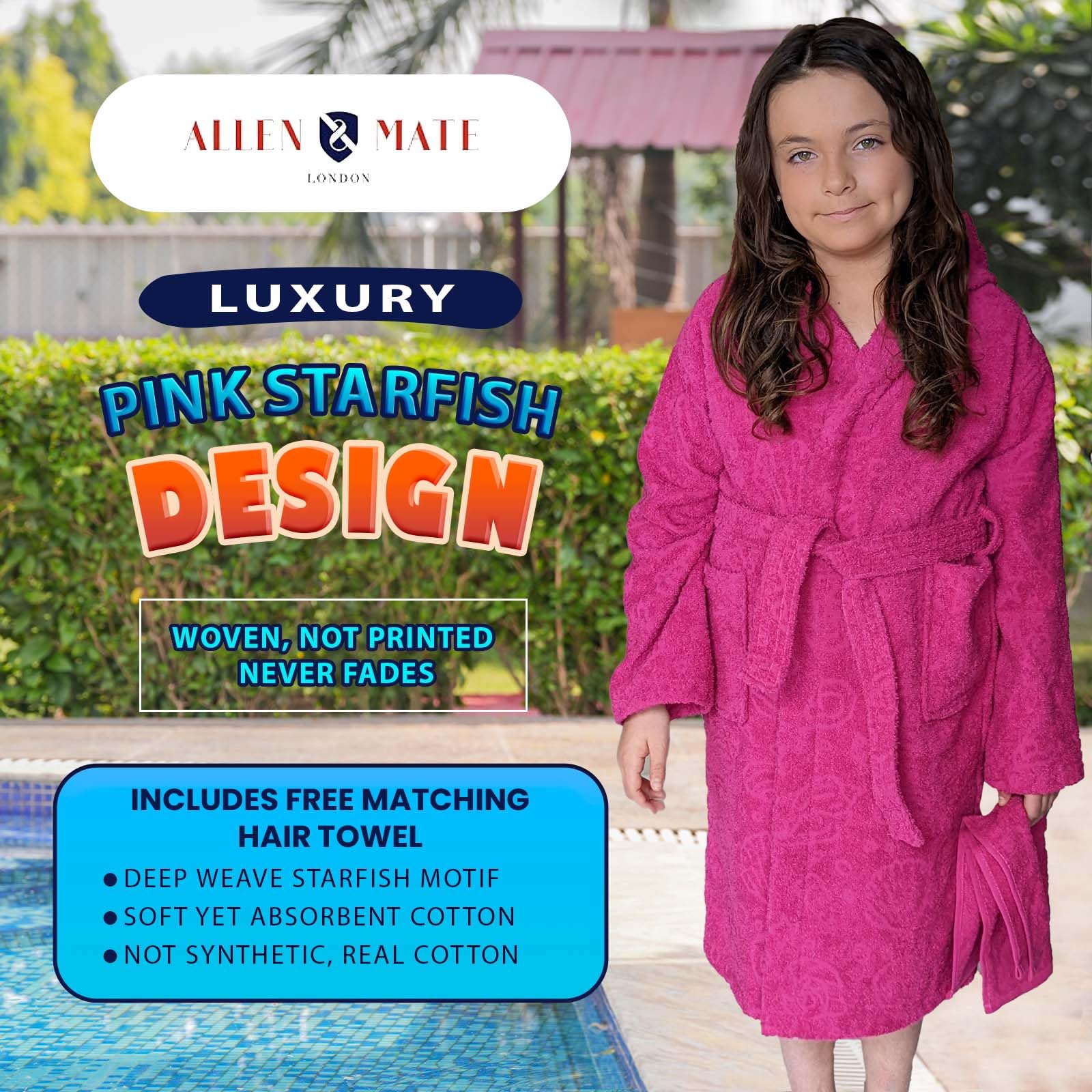 ALLEN & MATE 100% COTTON Hooded Kids Bathrobe – Soft, Medium Weight Absorbent Bath Towel Robe for Boys & Girls, 6-15 Years