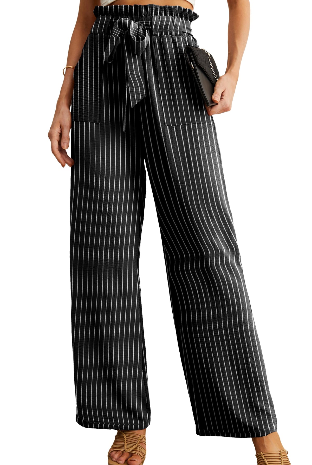 IWOLLENCE Women High Waist Palazzo Pants, Adjustable Knot Ankle Wide Leg Trousers Pockets Beach Vacation Lounge Office