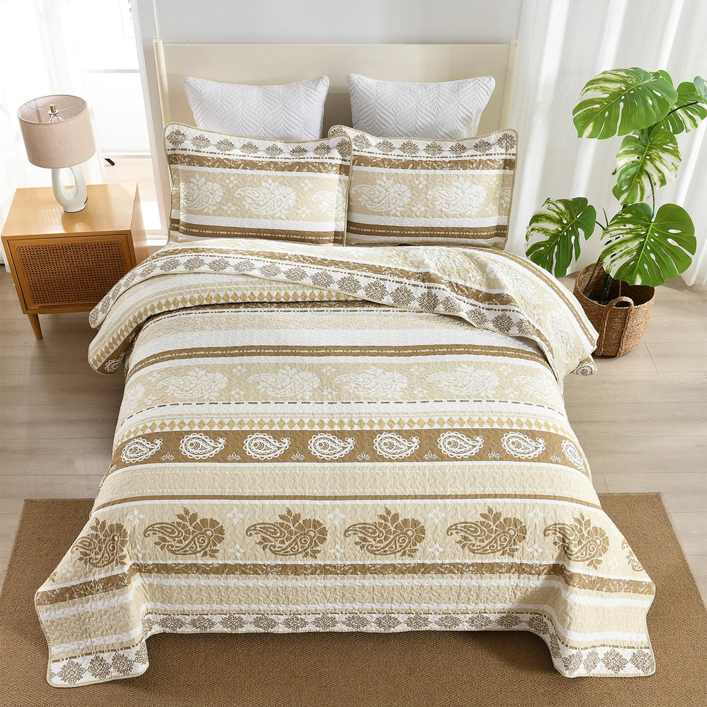 Yellow Quilts Queen Size, Paisley Comforter Set Queen Cotton Bed, Yellow Grey White Comforter, Striped Bedding Queen Size, Lightweight Luxury Bedspread,3 Piece