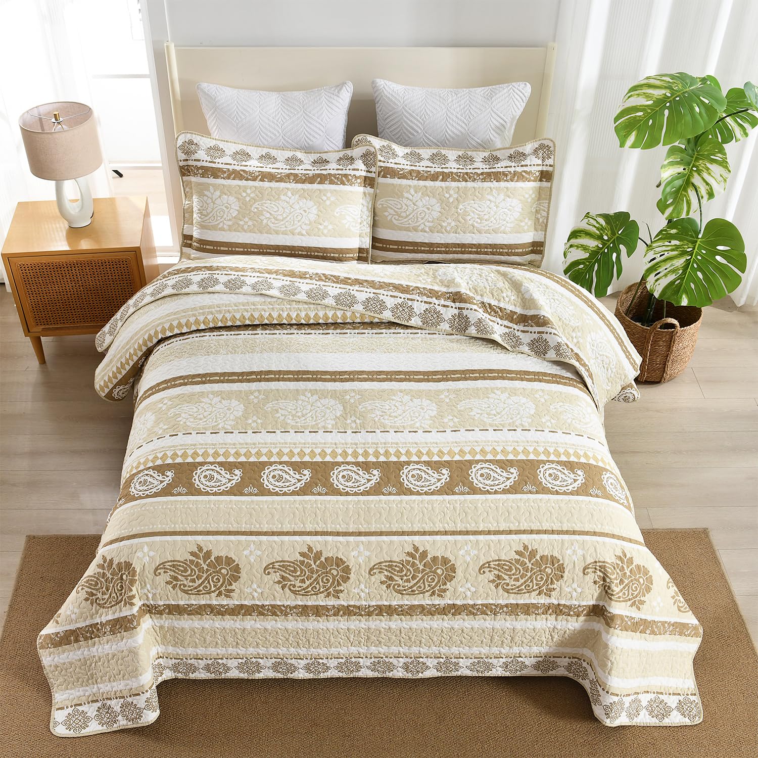 Yellow Quilts Queen Size, Paisley Comforter Set Queen Cotton Bed, Yellow Grey White Comforter, Striped Bedding Queen Size, Lightweight Luxury Bedspread,3 Piece