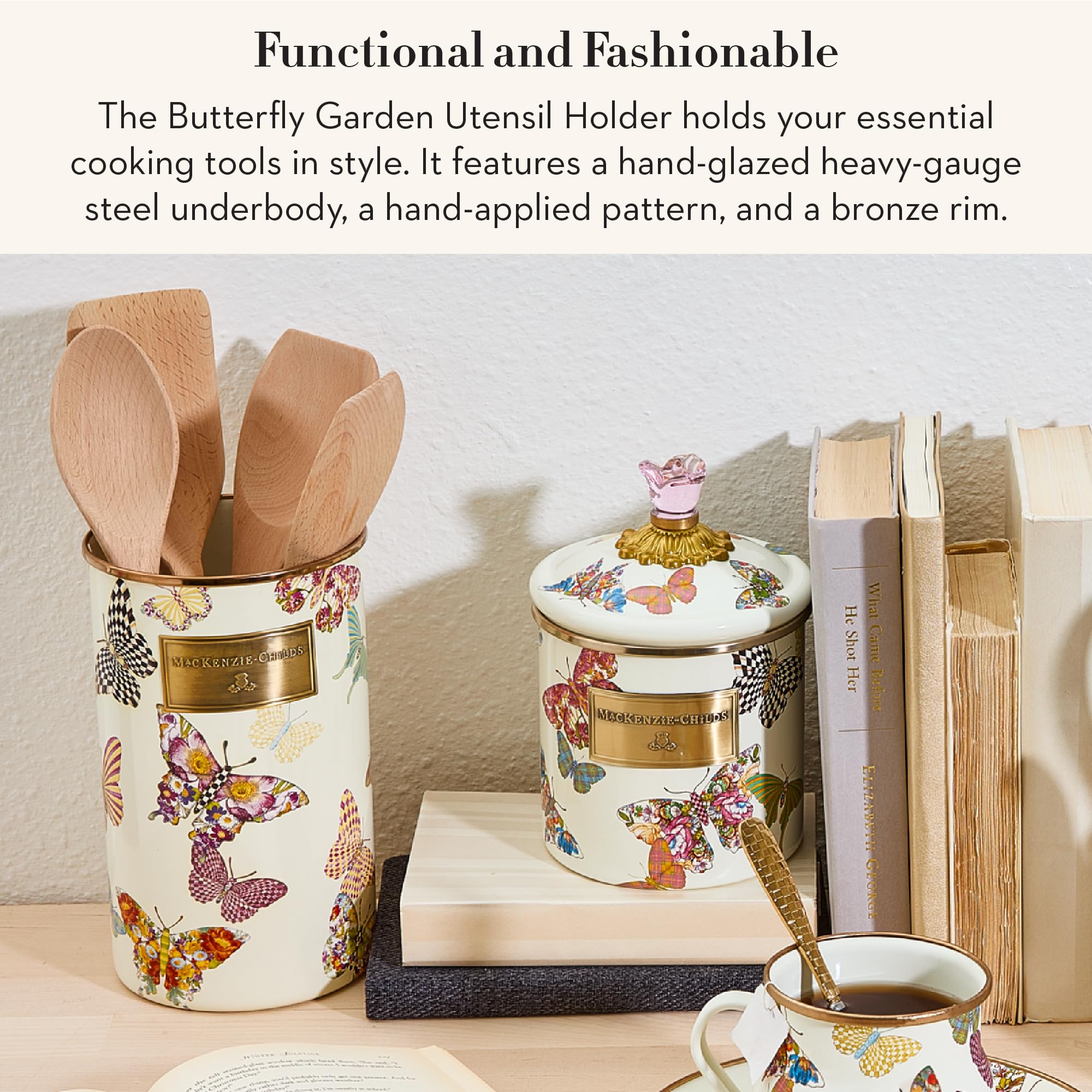 MACKENZIE-CHILDS Enamel Utensil Holder, Stylish Kitchen Countertop Organizer, Wild Rose Brown