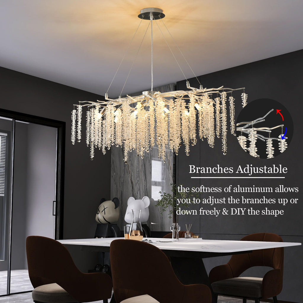 Modern Crystal Raindrop Chandelier, L40'' Black Linear Rectangle Art Deco Tree Branch Lighting Fixture for Kitchen Island Living Room Foyer Staircase 10 Lights