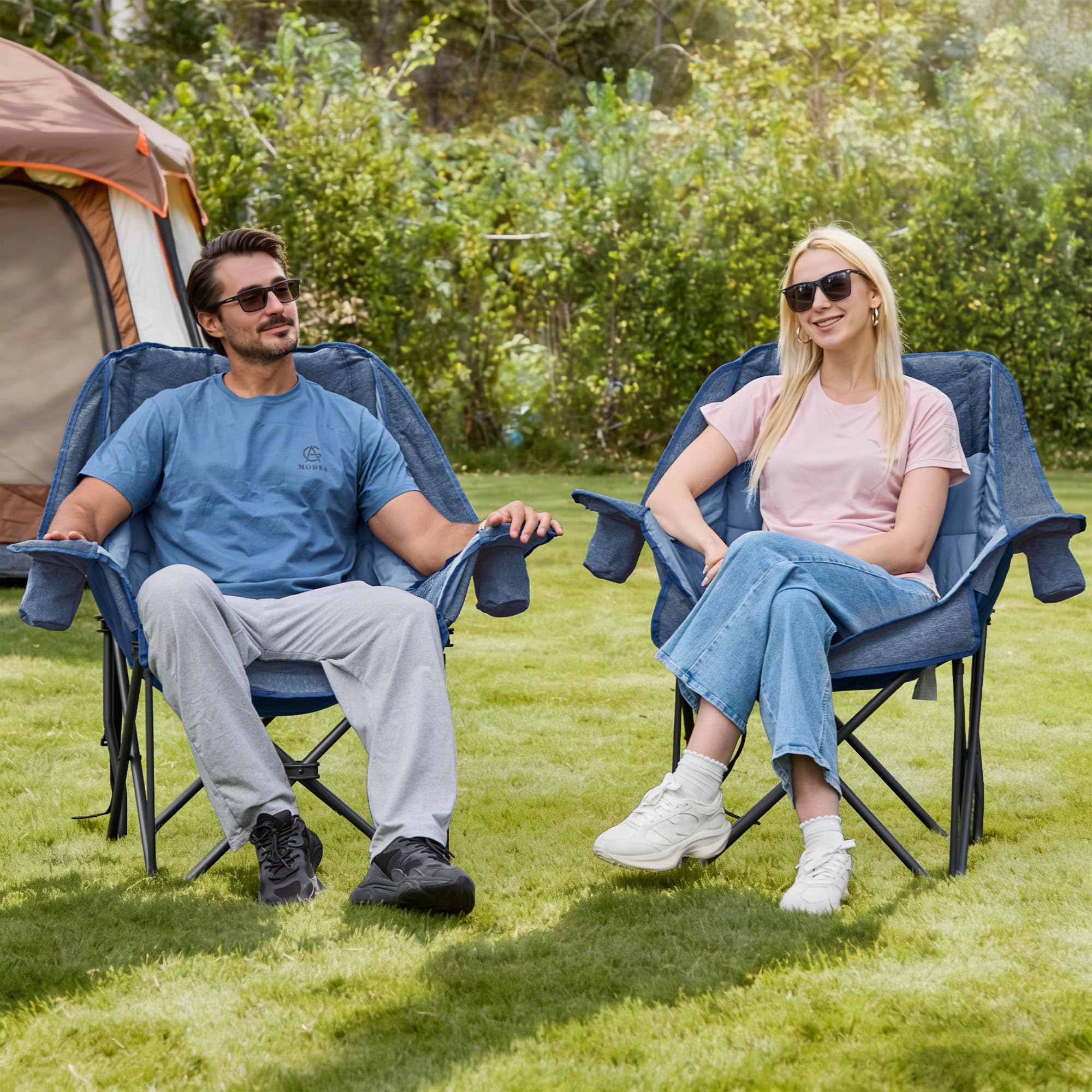 Double Camping Chair Heavy Duty Oversized Padded Loveseat for Adults 2 Person Outdoor Portable Camping Chairs for Lawn, Backyard, Fishing, Trip, Support 600lbs, Grey