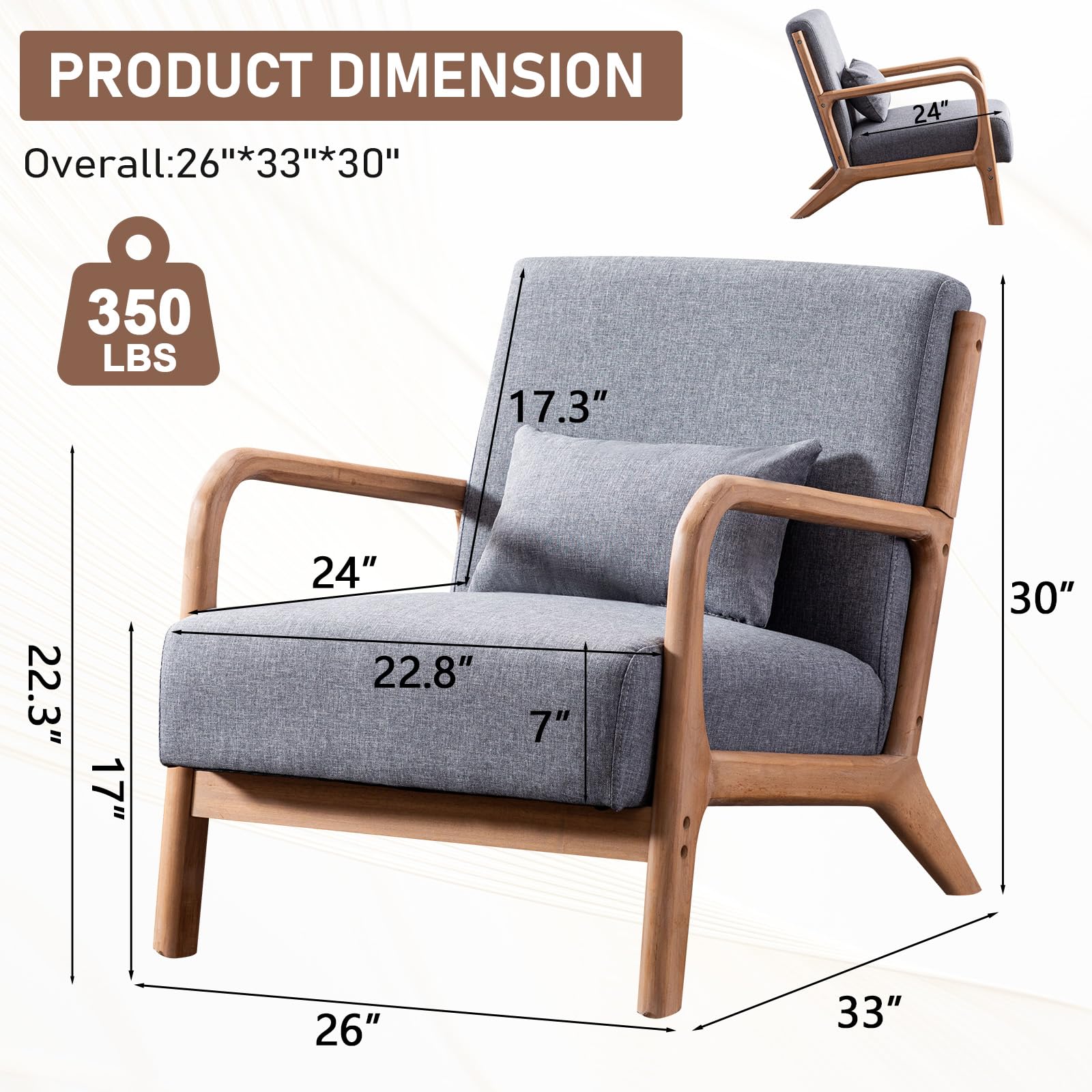ANJ Mid Century Modern Accent Chair, Comfy Fabric Living Room Chairs with Solid Wood Frame, Lounge Reading Armchair, Easy Assembly, Beige