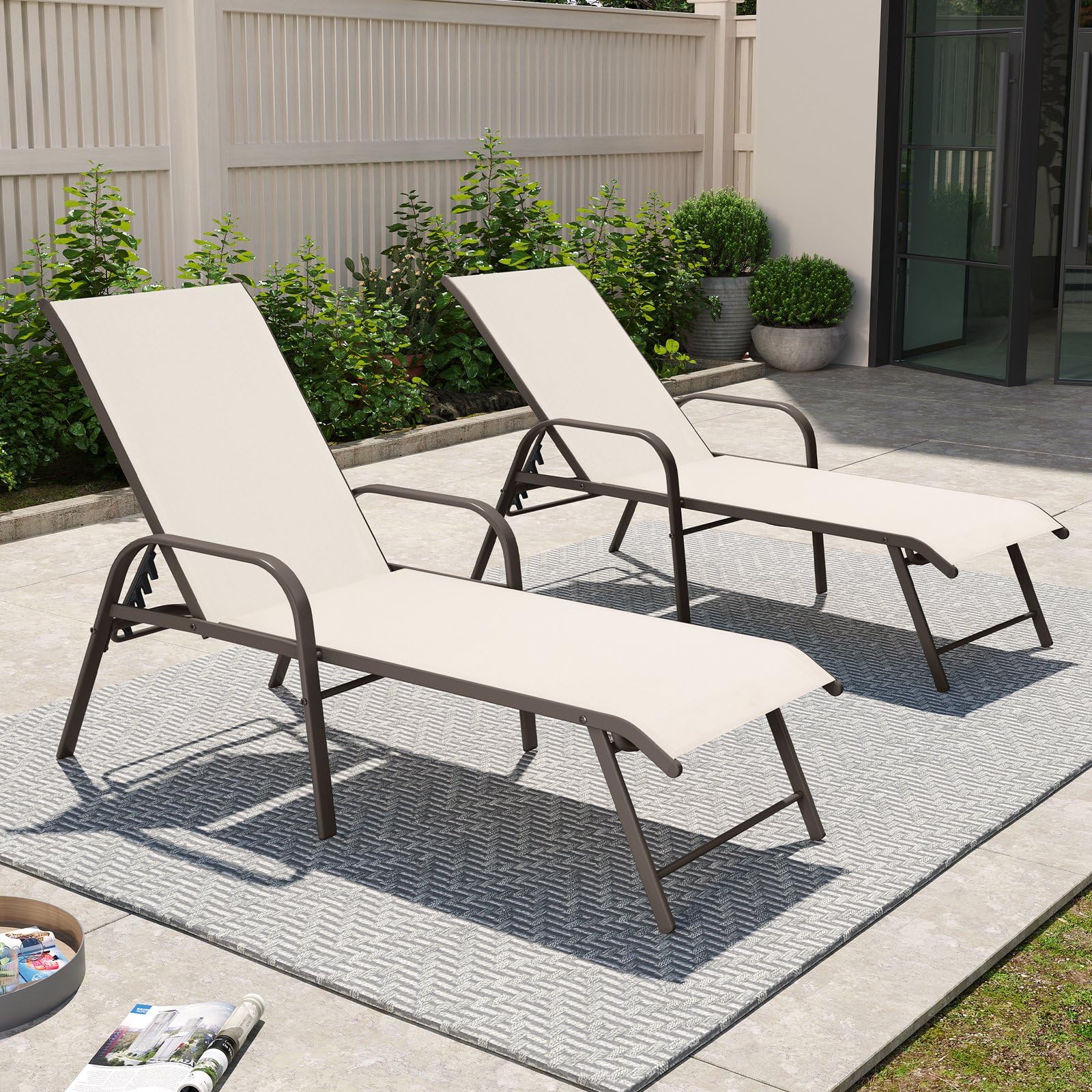 Crestlive Products Chaise Lounge Chair Outdoor with Armrests, Pool Lounge Chairs Set of 2, Aluminum Adjustable 5 Positions Sun Tanning Lounger for Patio, Poolside, Yard, Deck, Backyard (Beige)