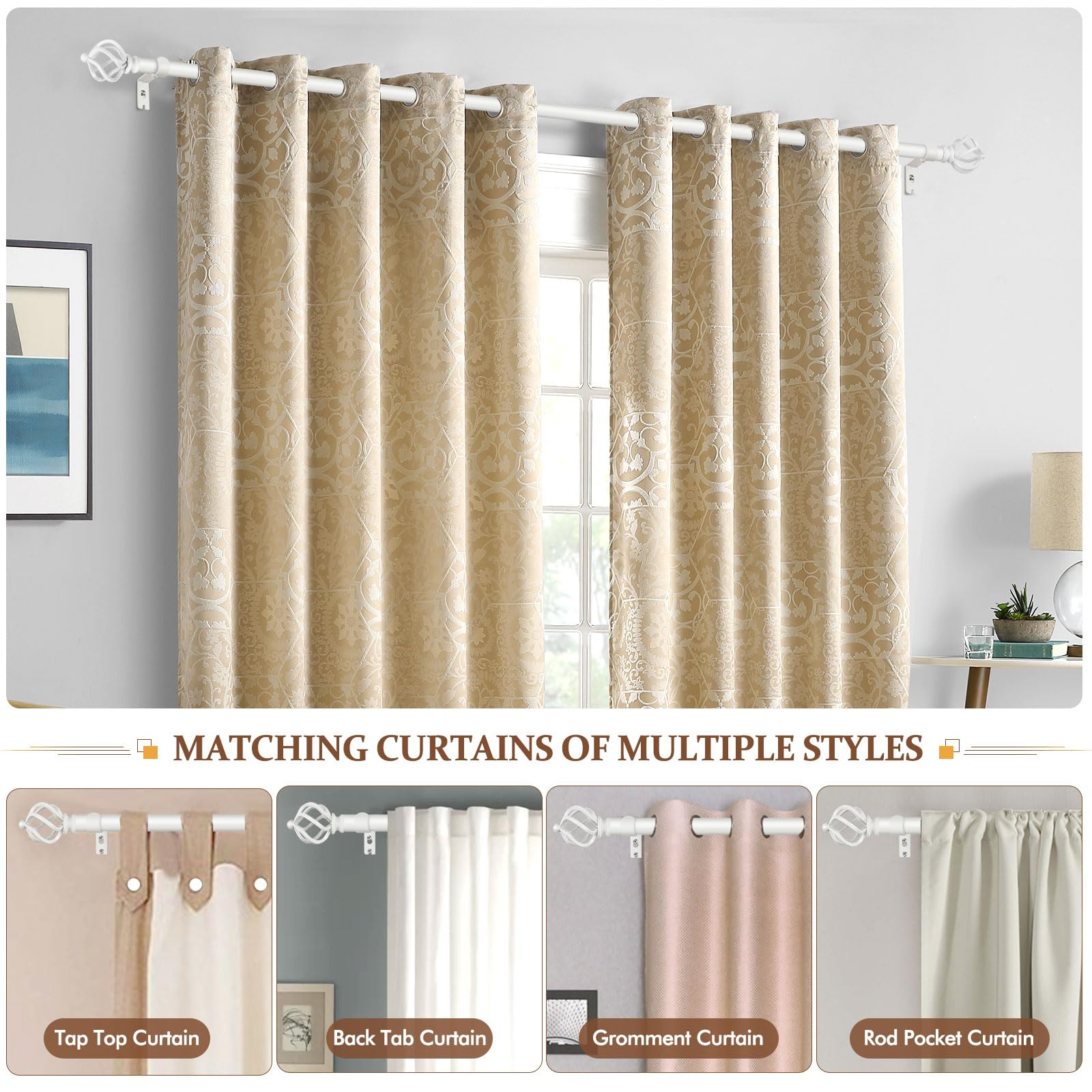 KAMANINA Silver Curtain Rod 32 to 58 Inch(2.6-4.8ft), Adjustable Curtain Rods for Windows 28 to 48 Inch, 3/4 Inch Splicing Drapery Rods with Twisted Cage Finial