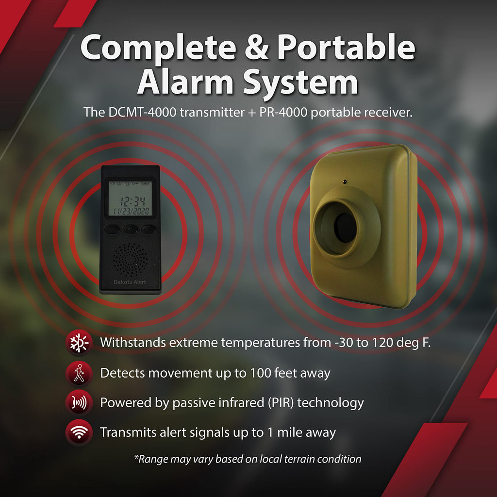Dakota Alert Long Range Driveway Alarm Motion Detector - DCMA-4k Plus One Mile Wireless Range Alarm System - DCMT-4000 Transmitter & RE-4k Plus Receiver-Use Outdoors, Driveways, Entrances & Backyards