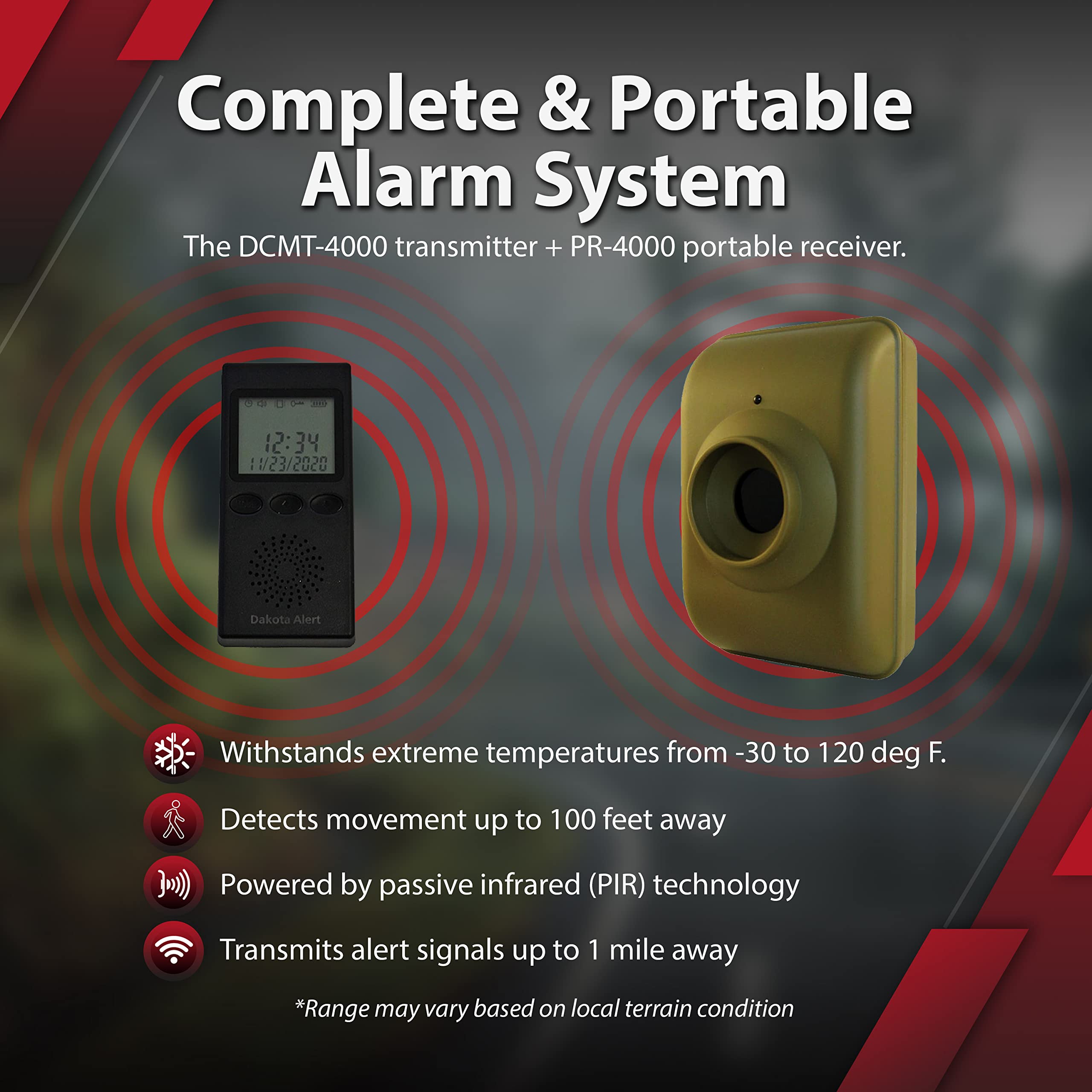 Dakota Alert Long Range Driveway Alarm Motion Detector - DCMA-4k Plus One Mile Wireless Range Alarm System - DCMT-4000 Transmitter & RE-4k Plus Receiver-Use Outdoors, Driveways, Entrances & Backyards