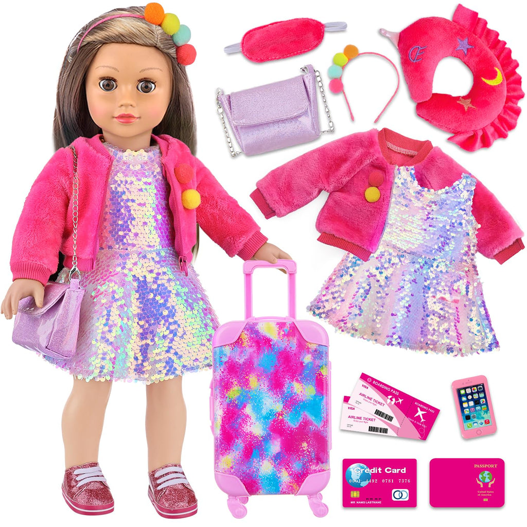 K.T. Fancy 18 Inch American Doll Clothes and Accessories, Doll Travel Suitcase Playset for Girls, Cute Travel Doll Clothes for 18 Inch Girl Doll(Not Include Doll & Shoes), Pink
