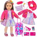 K.T. Fancy 18 Inch American Doll Clothes and Accessories, Doll Travel Suitcase Playset for Girls, Cute Travel Doll Clothes for 18 Inch Girl Doll(Not Include Doll & Shoes), Pink