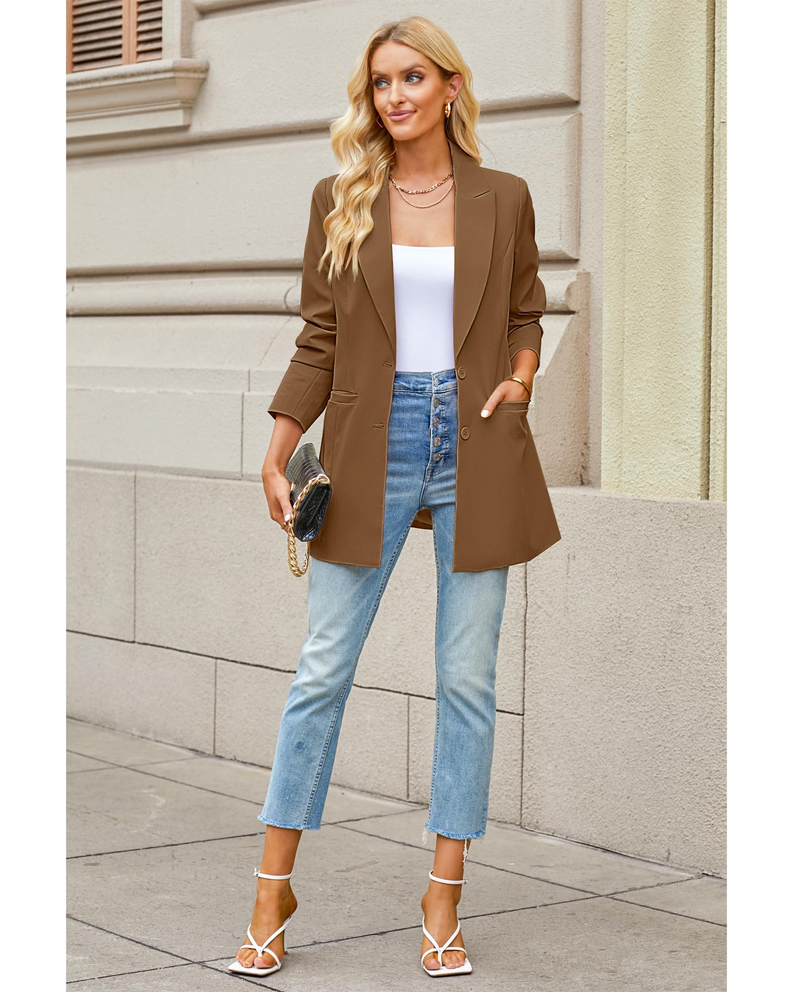luvamia Blazers for Women Business Casual Long Blazer Jackets Dressy Work Professional Office Outfits Lapel Pockets