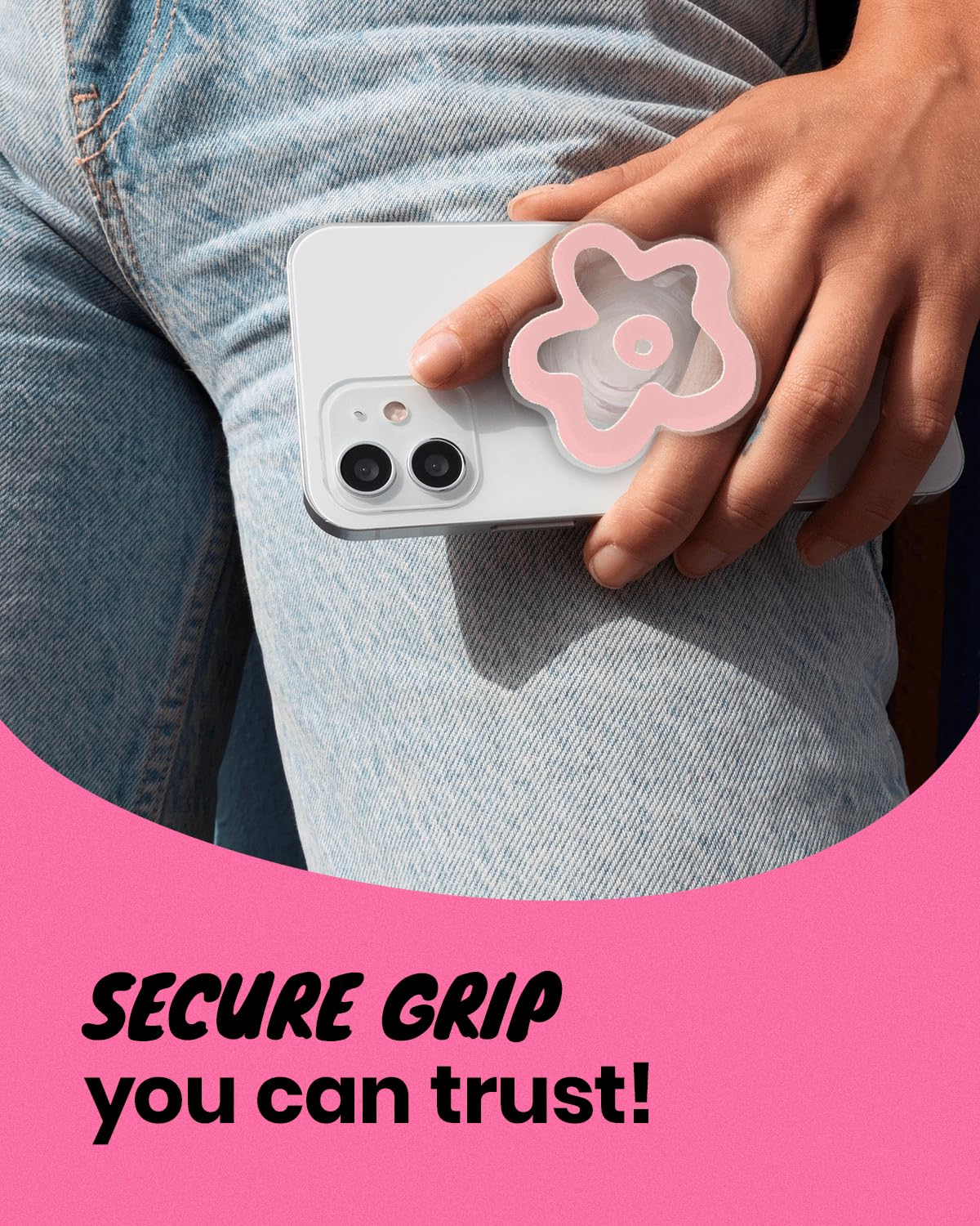OnTheGrip Cute Transparent Daisy Flower Shape Design Mobile Phone Grip Multi Functional Collapsible Stand Holder for Smartphone Tablet Cell Phone Accessory (Black)