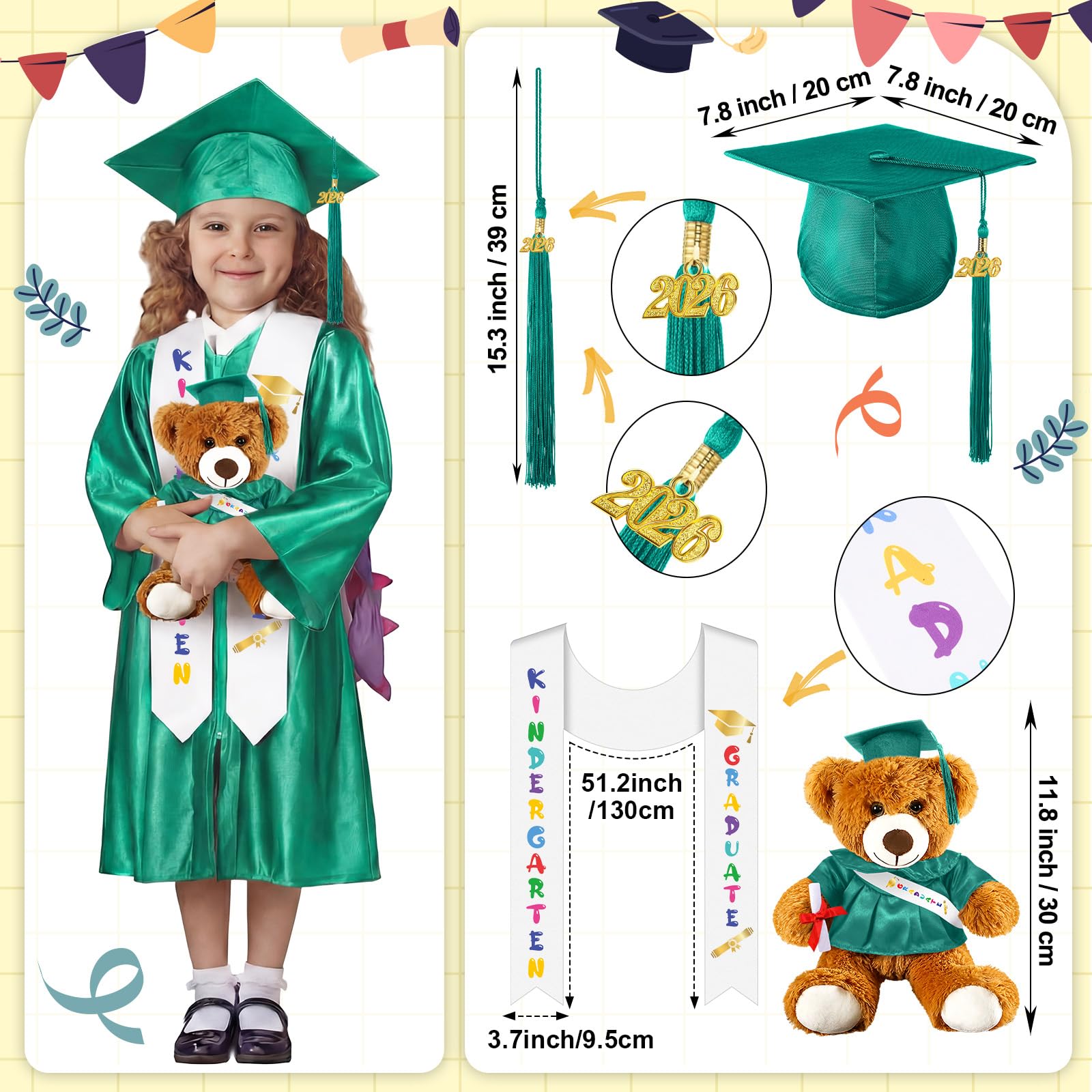 Sintuff 7 Pcs Kindergarten Preschool Graduation Cap and Gown with Bear Gifts 2026 Grad Stole Tassel Sash for Toddler Kids