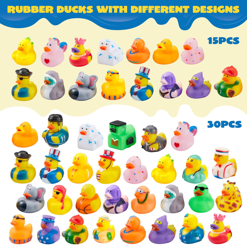 JOYIN 15 Pcs Rubber Ducks, Random Assortment Ducks Bulk with Mesh Carry Bag, Mini Rubber Duckies for Baby Bath Toys, Kids Toddler Summer Pool Toys Birthday Gifts Party Favors
