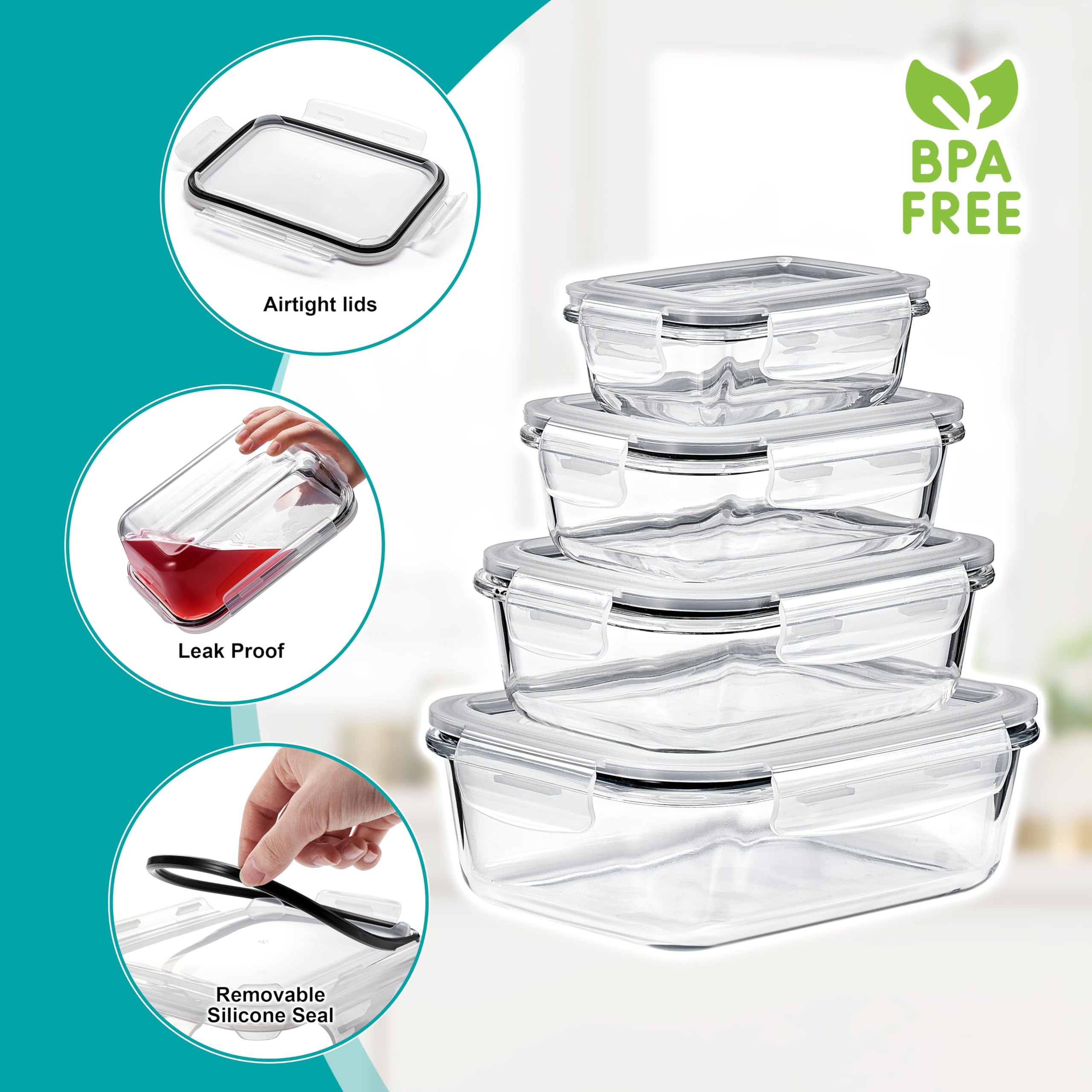 Sorbus 20pc Glass Meal Prep Containers Set – 10 Glass Food Storage Containers (21.3oz, 2.6 Cups) with Airtight Lids – Freezer, Dishwasher, and Oven Safe – Reusable Containers for Meal Prep and Storage