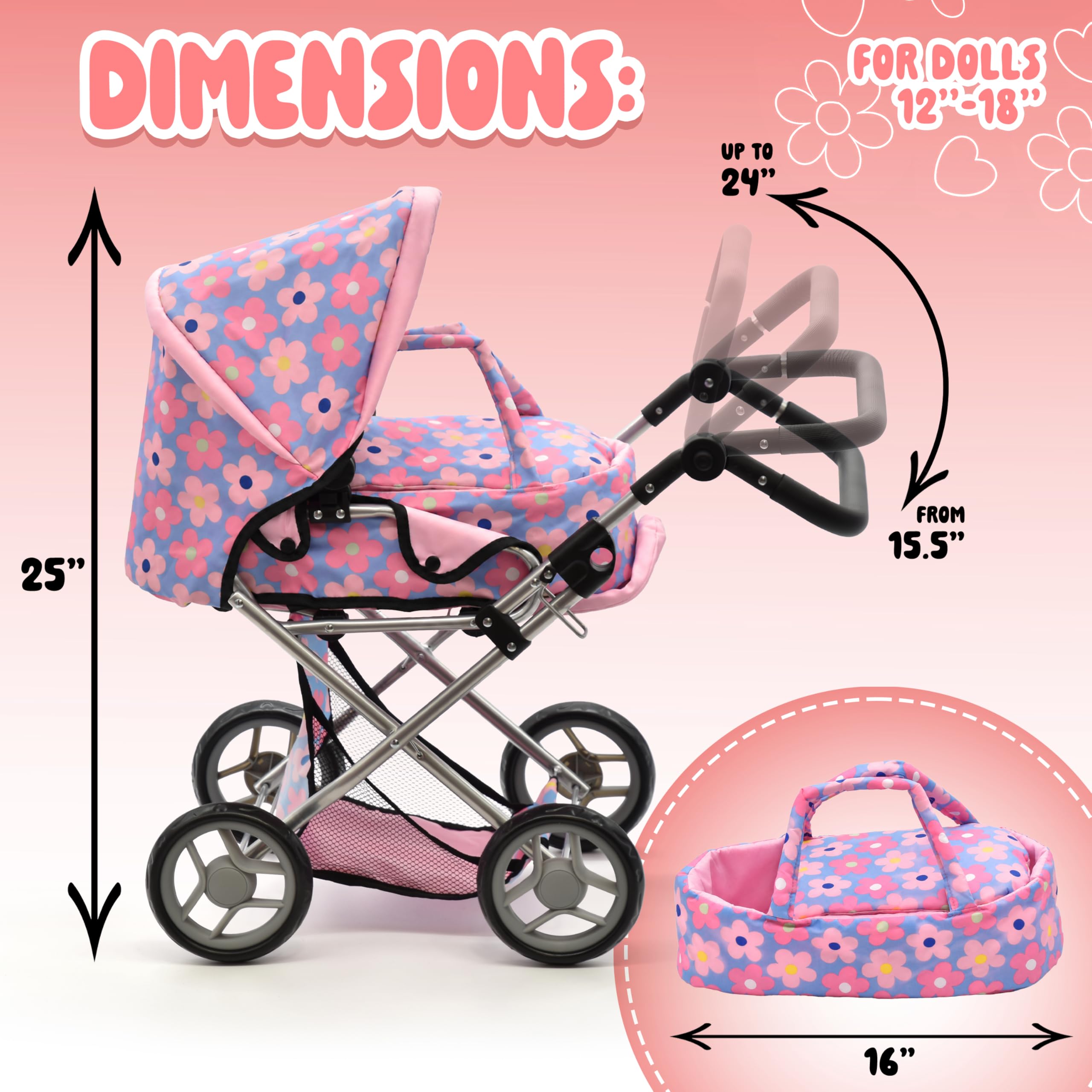 Baby Doll Convertible Pram Stroller with Removable Travel Bassinet Carrier for Kids Adjustable Handle Buggy Carriage with Canopy and Storage Basket 25 Inch Pink, Black