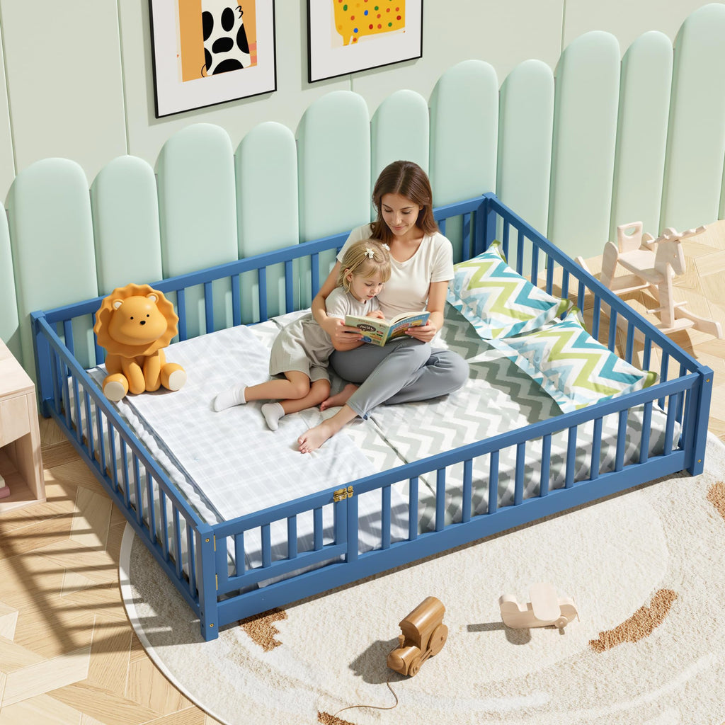 i-POOK Queen Floor Bed for Children, Sturdy Wood Montessori Bed Frame with Wood Slats, High Fence & Small Door for Girls and Boys, Espresso (with Bed Slats)