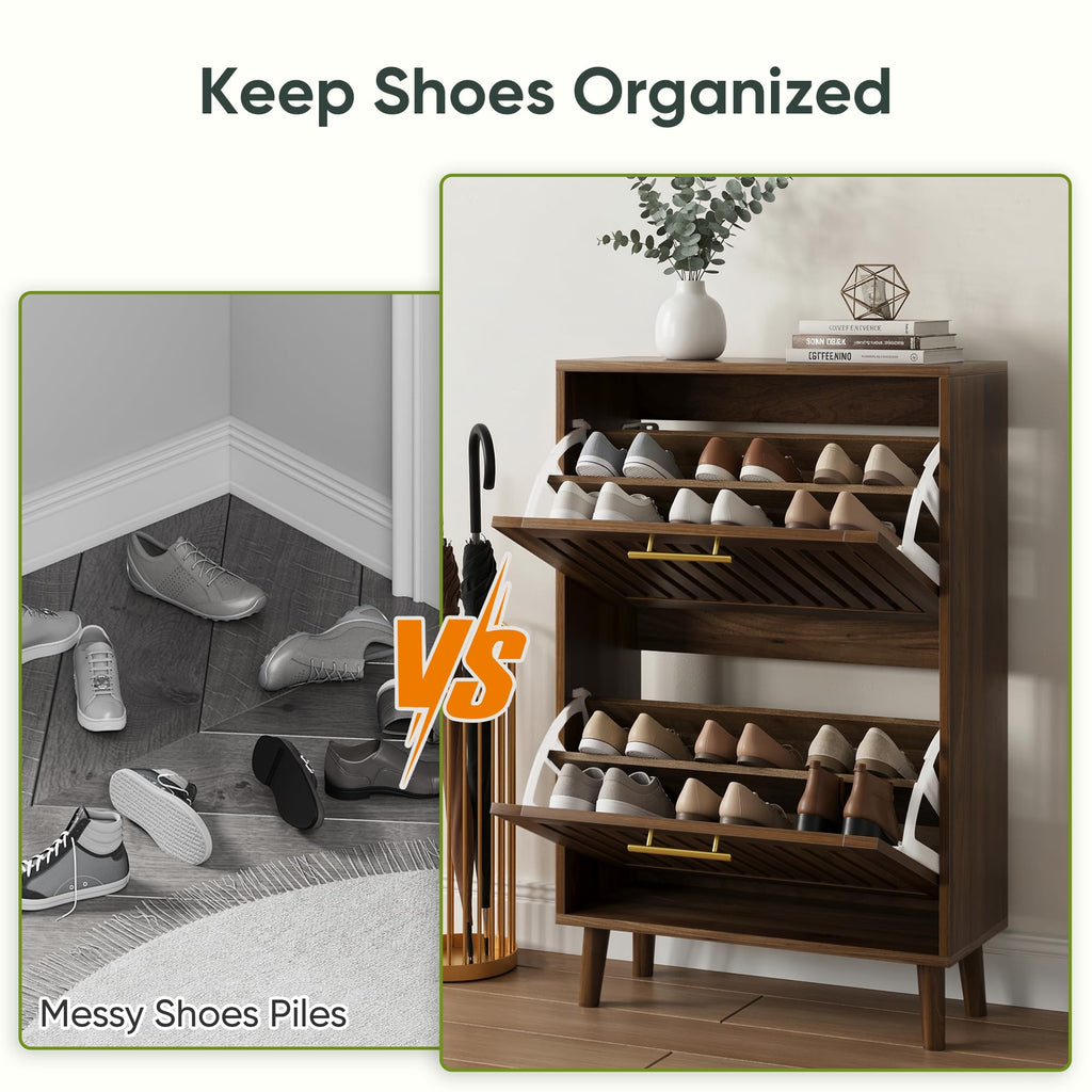 Smart FENDEE Shoe Cabinet with 2 Flip Slatted Drawers, Farmhouse Slim Shoe Organizer Rack with Golden Handles, Freestanding Hidden Entryway Storage for Hallway, Natural