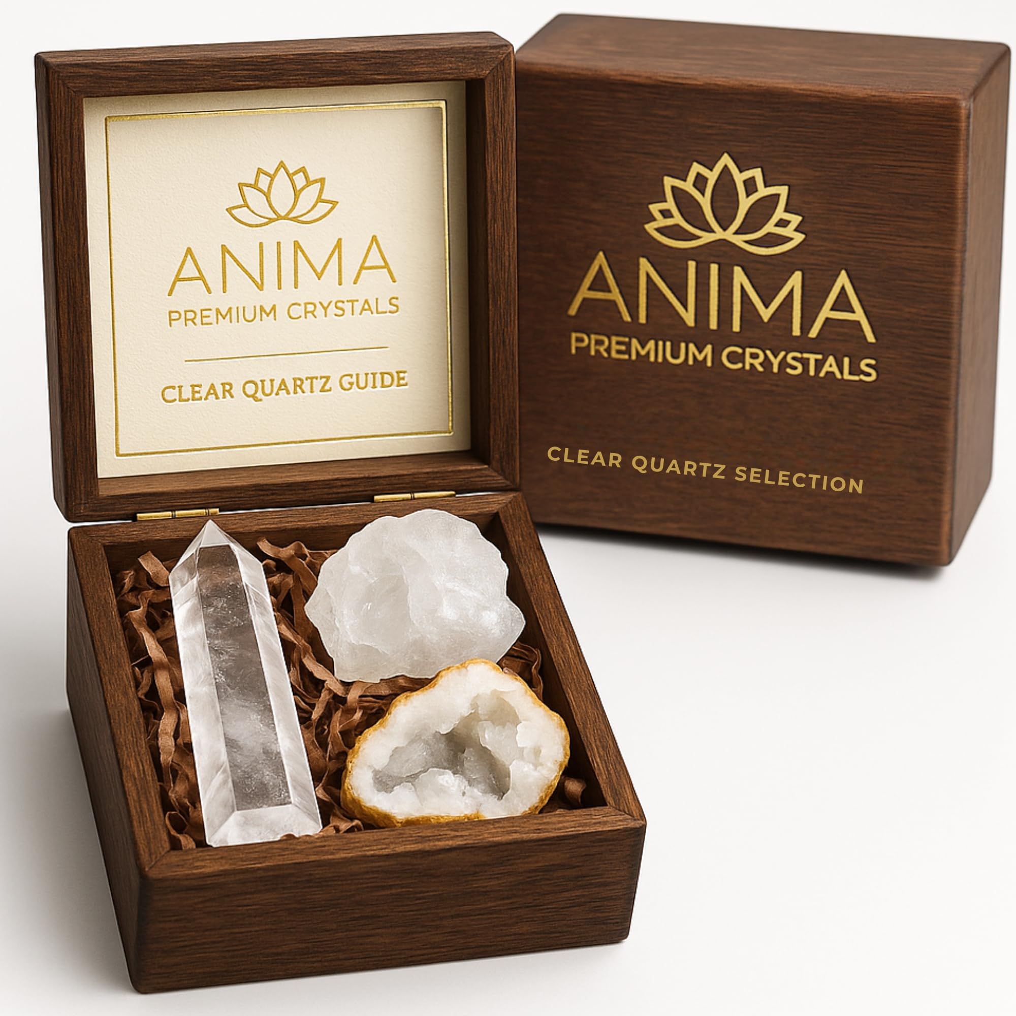 Anima Premium 7 Chakra Healing Crystals Set for Energy Alignment - Large Raw Amethyst, Rose Quartz, Citrine, Lapis Lazuli, Clear Quartz, Tigers Eye & Red Jasper - Wooden Gift Box & Guidebook Included