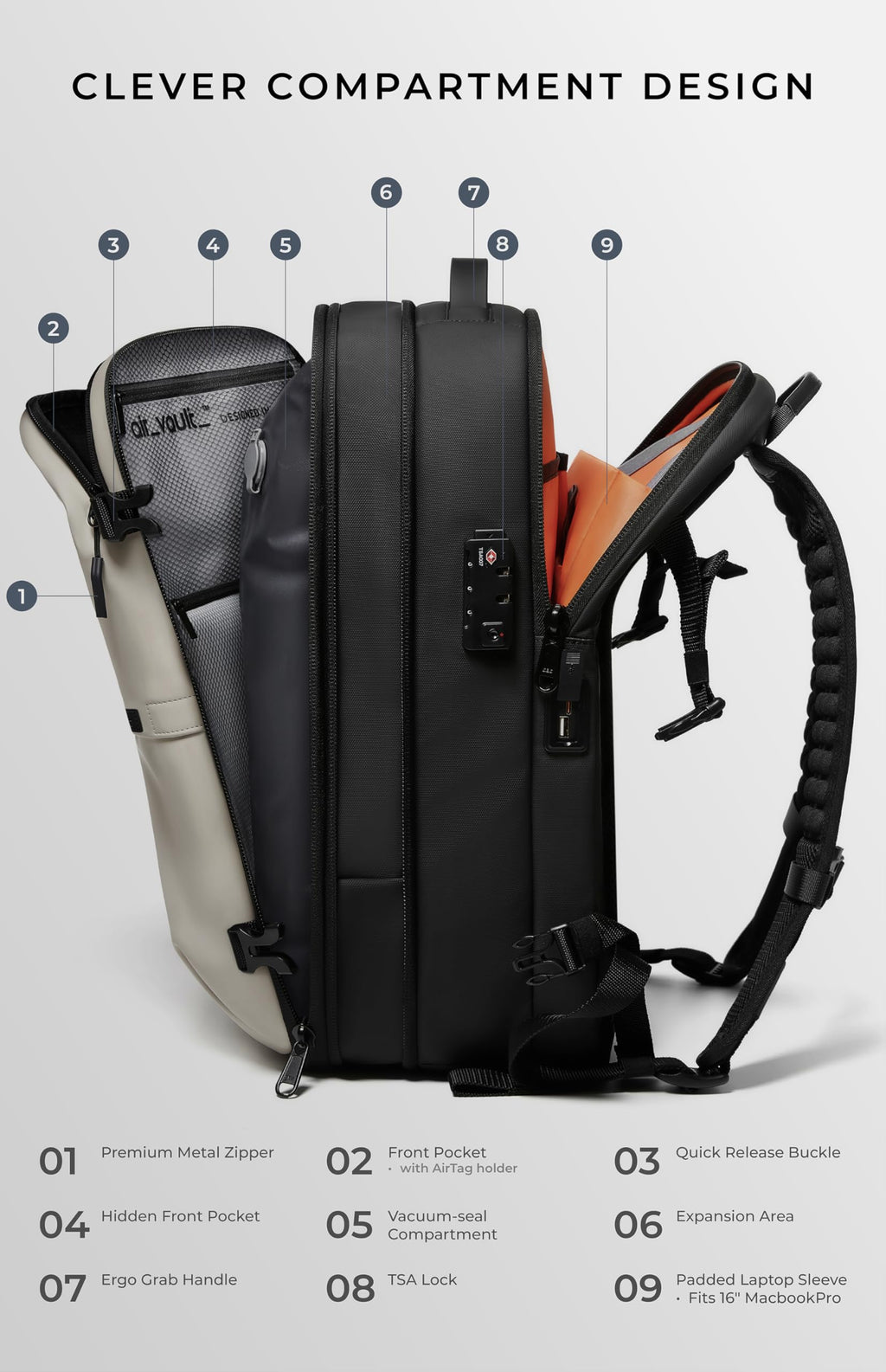 AirVault Vacuum Seal Travel Backpack 60L with Expandable HyperSeal Air Compression Vacuum System Water Resistant TSA Lock (Vacuum Pump Included, Black, 60L)