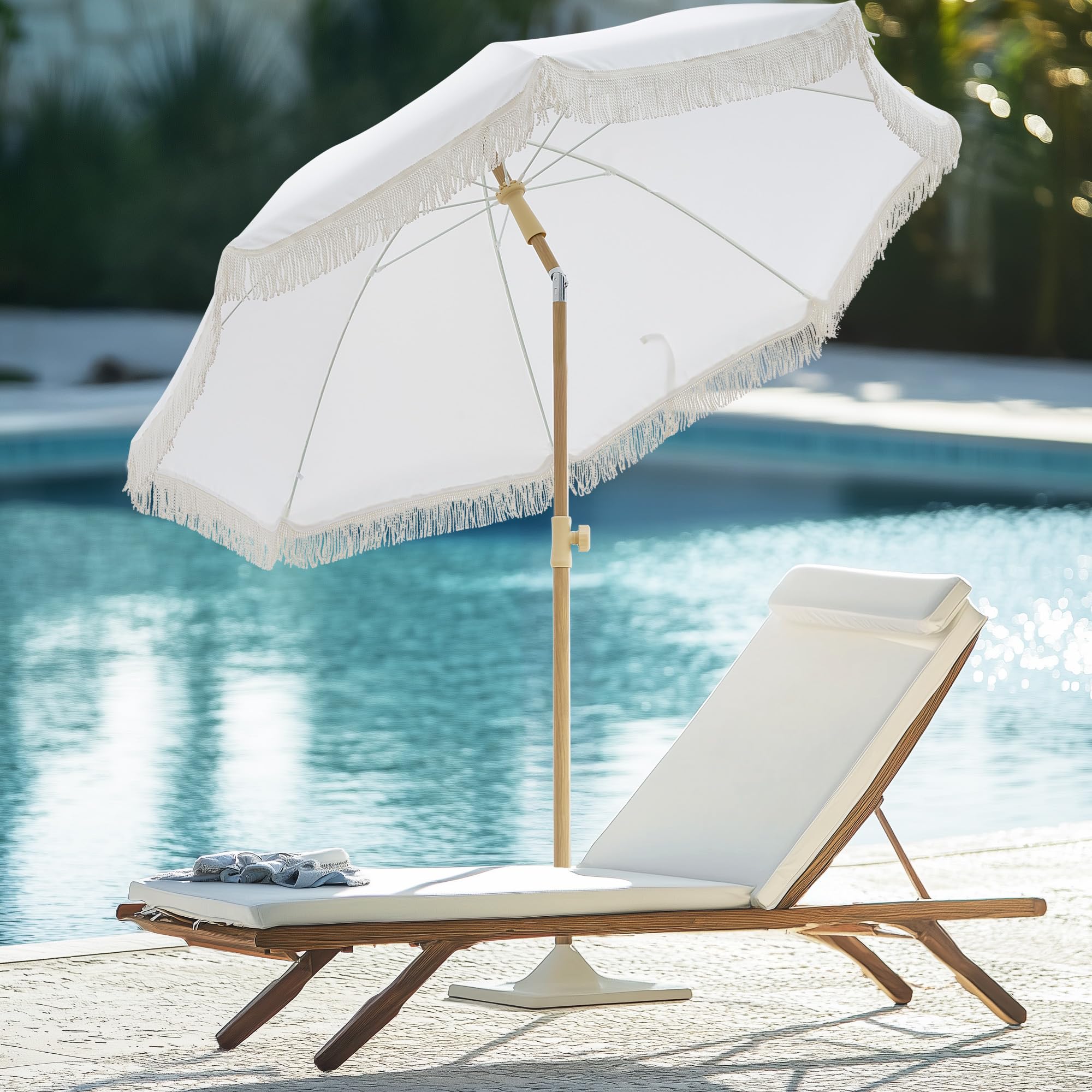 6.5FT Boho Patio Umberlla with Fringe,UPF50+ Outdoor Umbrella with Fiberglass Ribs and Push Button Tilt,Tassels Umbrella for Beach,Terrace,Picnic