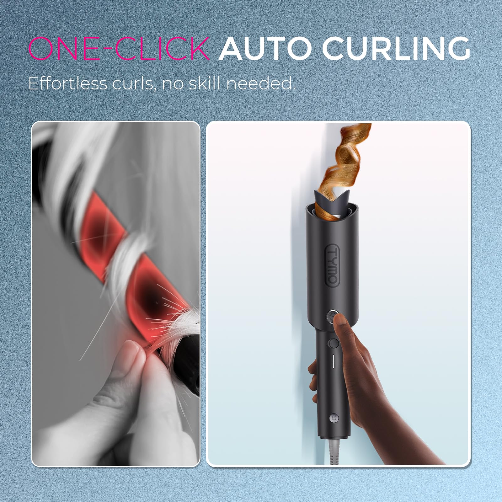 TYMO Automatic Rotating Curling Iron - TYMO CURLPRO Beach Waves Curling Wand, Portable Hair Curler, 500 Million Ionic, Dual Voltage & Lightweight for Travel, Ceramic Coating, 1 Inch, Pink
