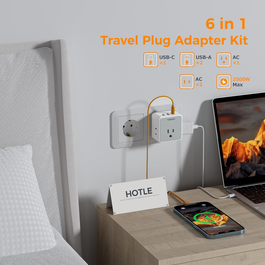 TESSAN 6-in-1 European UK Travel Plug Adapter Kit | 3 USB (1 USB C), 3 AC Outlets, Supports Type C, G, E/F, I, A, B, US to Europe UK Italy Australia Japan
