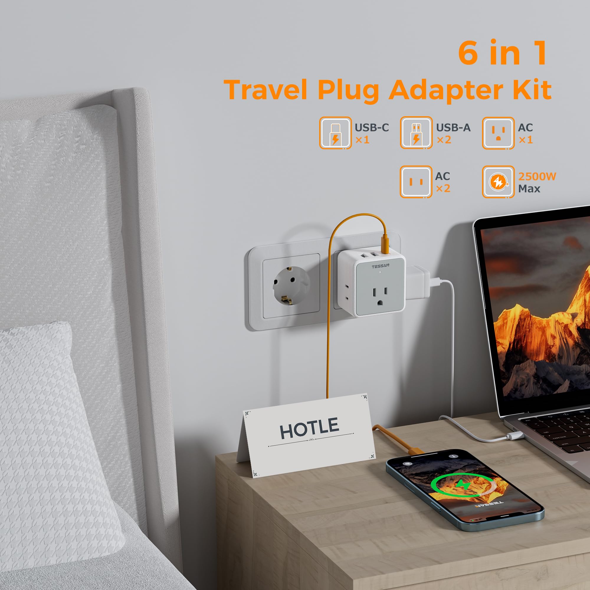 TESSAN 6-in-1 European UK Travel Plug Adapter Kit | 3 USB (1 USB C), 3 AC Outlets, Supports Type C, G, E/F, I, A, B, US to Europe UK Italy Australia Japan