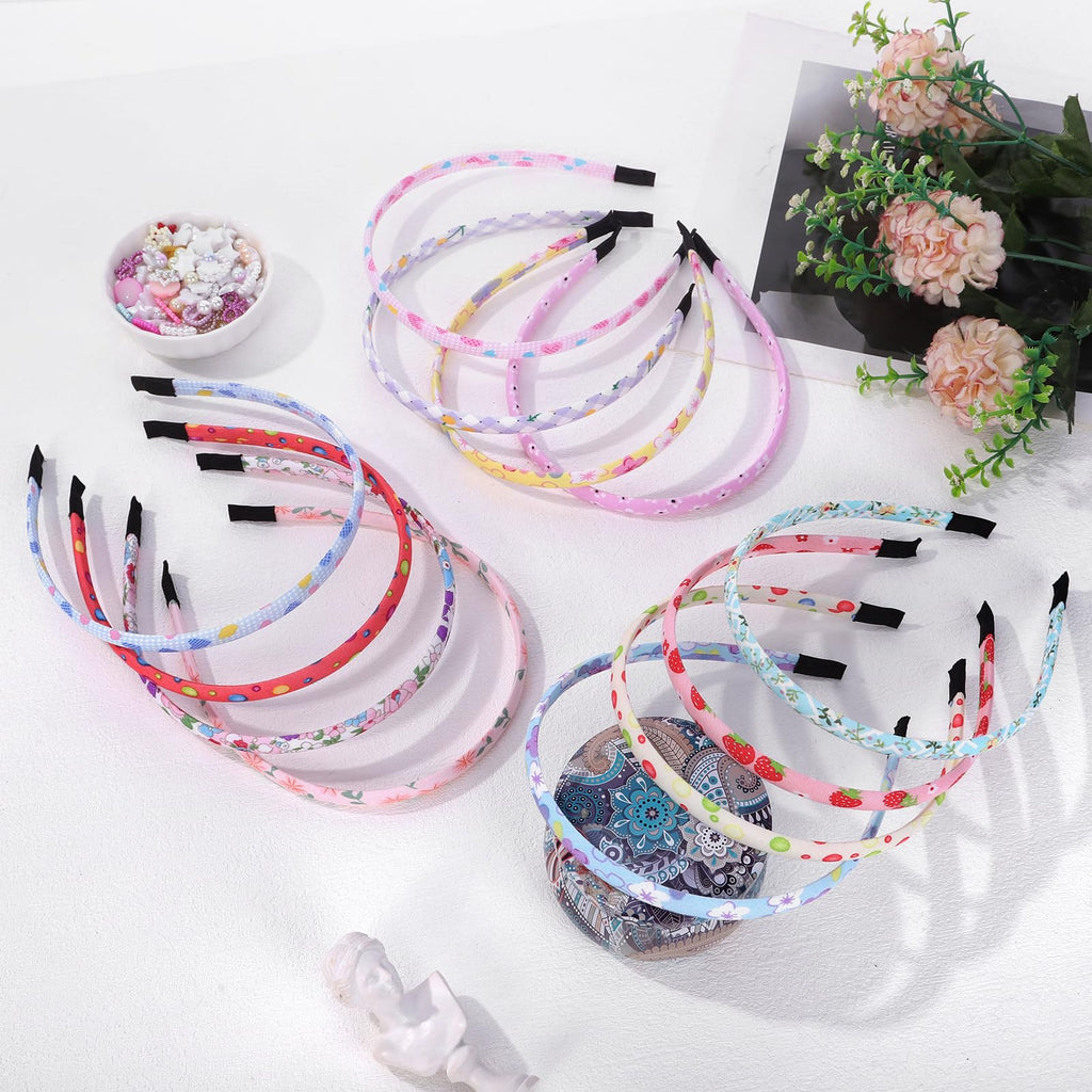 Fishdown Headbands for Girls 12Pcs Thin Head Bands for Girls Hairbands for Toddler Floral Cloth Fabric Covered Headband Birthday Party Favors