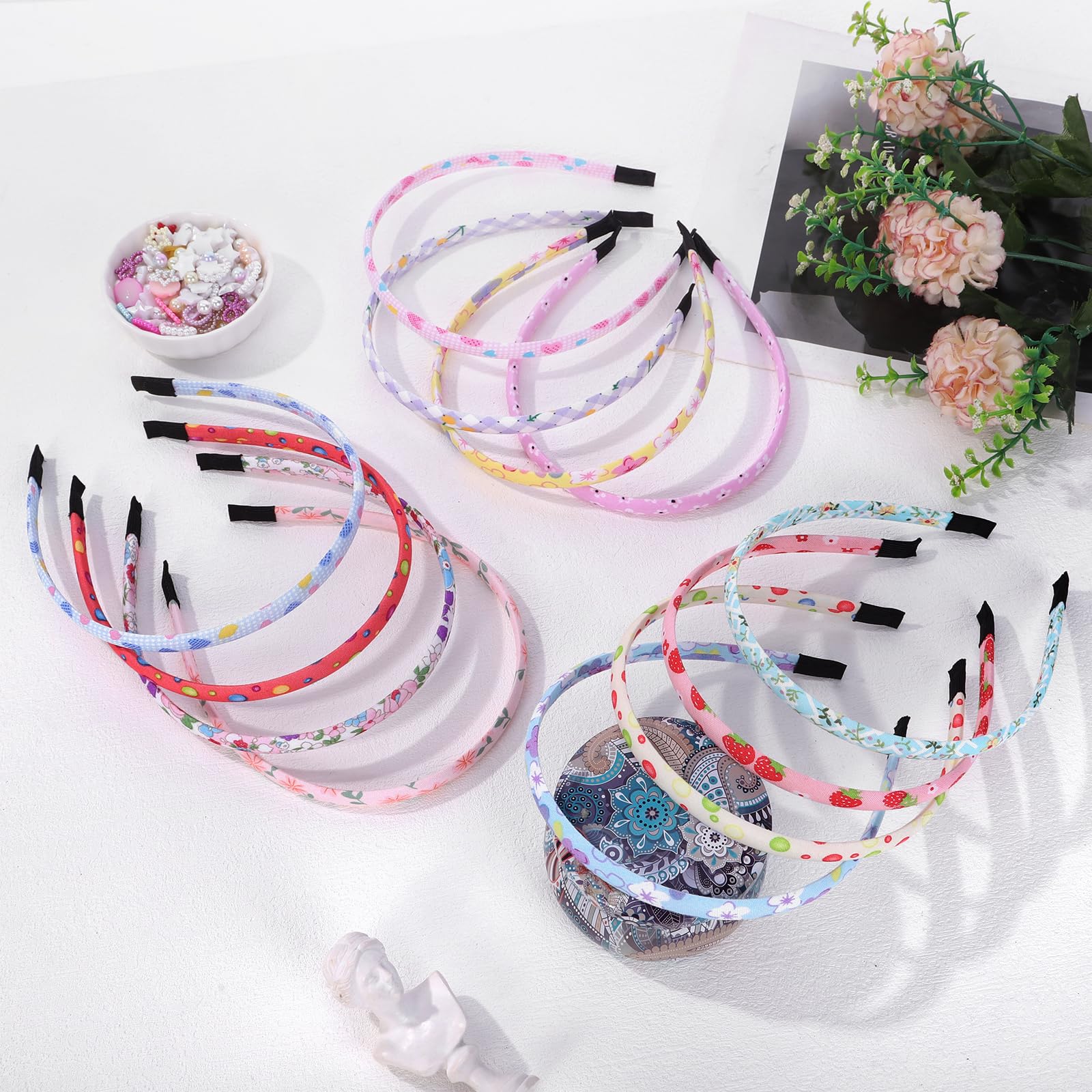 Fishdown Headbands for Girls 12Pcs Thin Head Bands for Girls Hairbands for Toddler Floral Cloth Fabric Covered Headband Birthday Party Favors