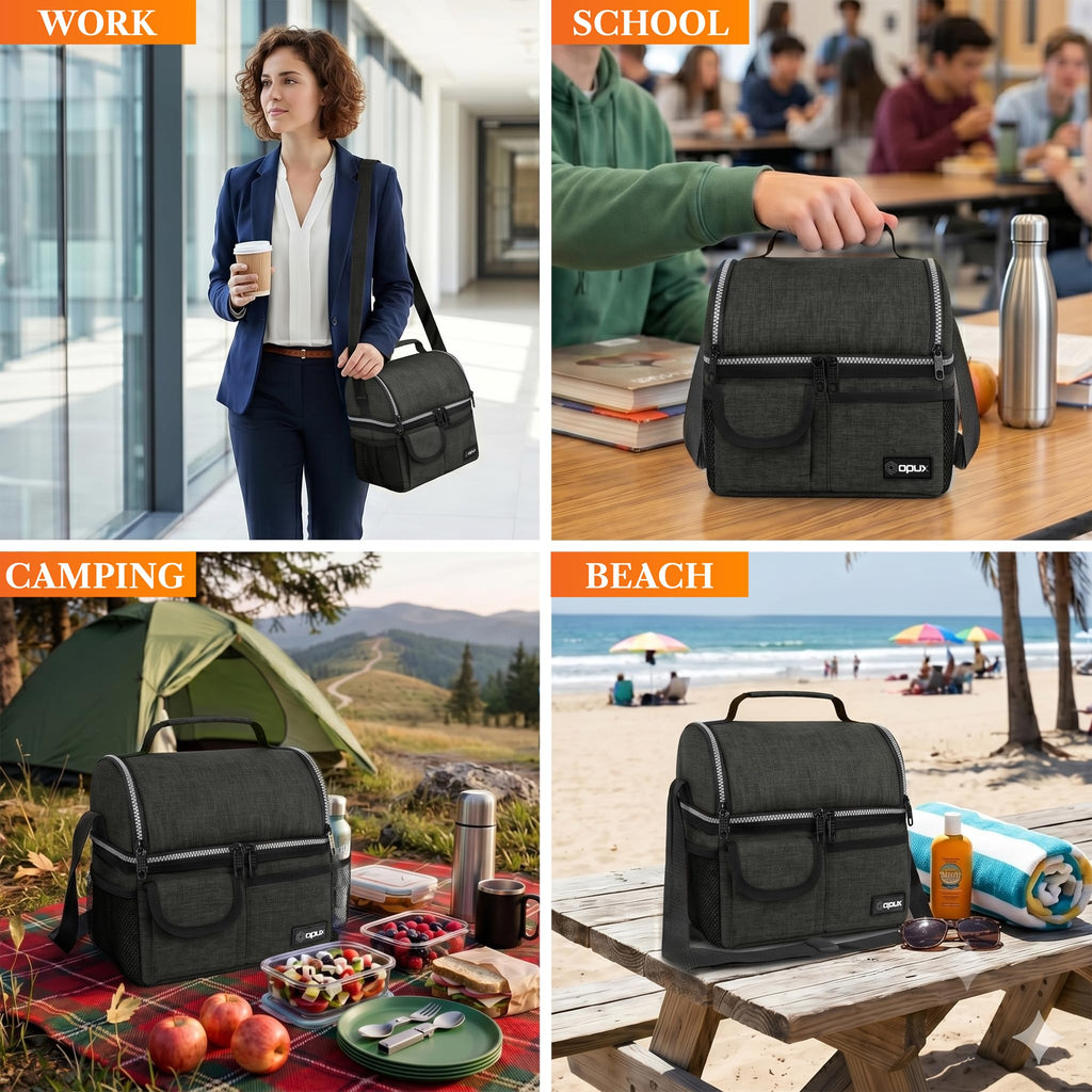 opux Insulated Lunch Bag Women Men, Dual Compartment Leakproof Lunch Box Adults Kids, Double Decker Meal Prep Bento Lunch Cooler Tote with Shoulder Strap for Work Office School Travel, Black