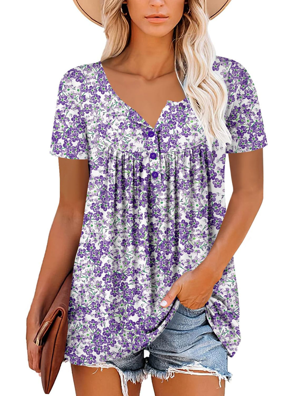 Mystry Zone Womens Henley V Neck Casual Blouse Button Down T Shirts Flare and Flowy Tops