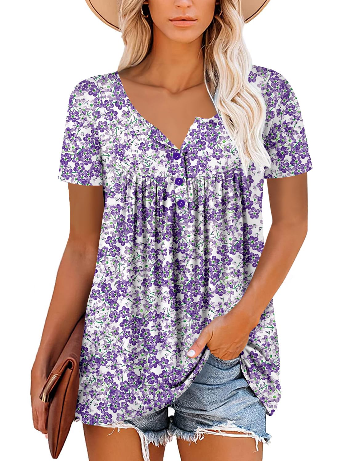 Mystry Zone Womens Henley V Neck Casual Blouse Button Down T Shirts Flare and Flowy Tops