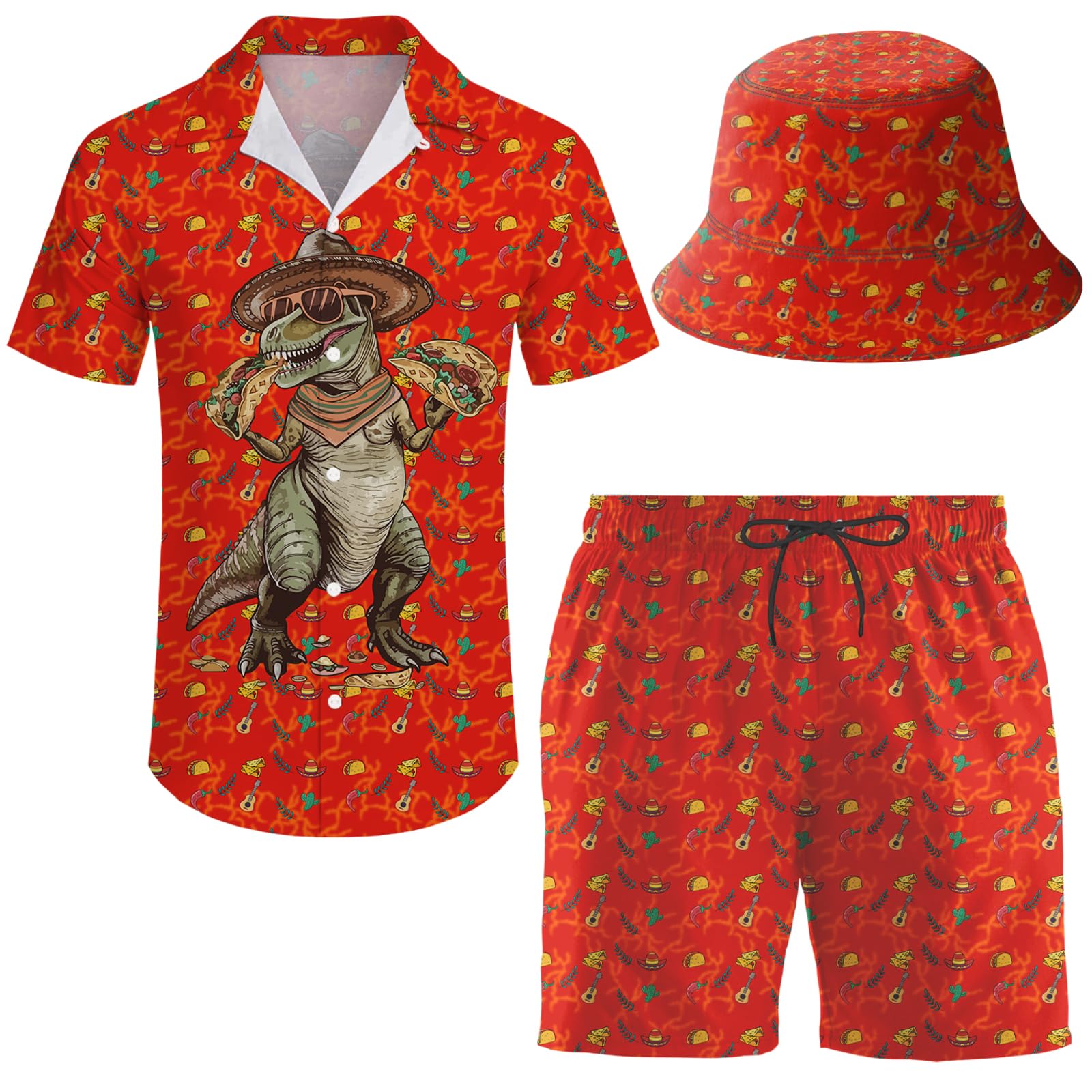 Men's 2 Piece Tracksuit Hawaiian Shirt Shorts Button Down Shirt and Shorts Sets with Bucket Hats